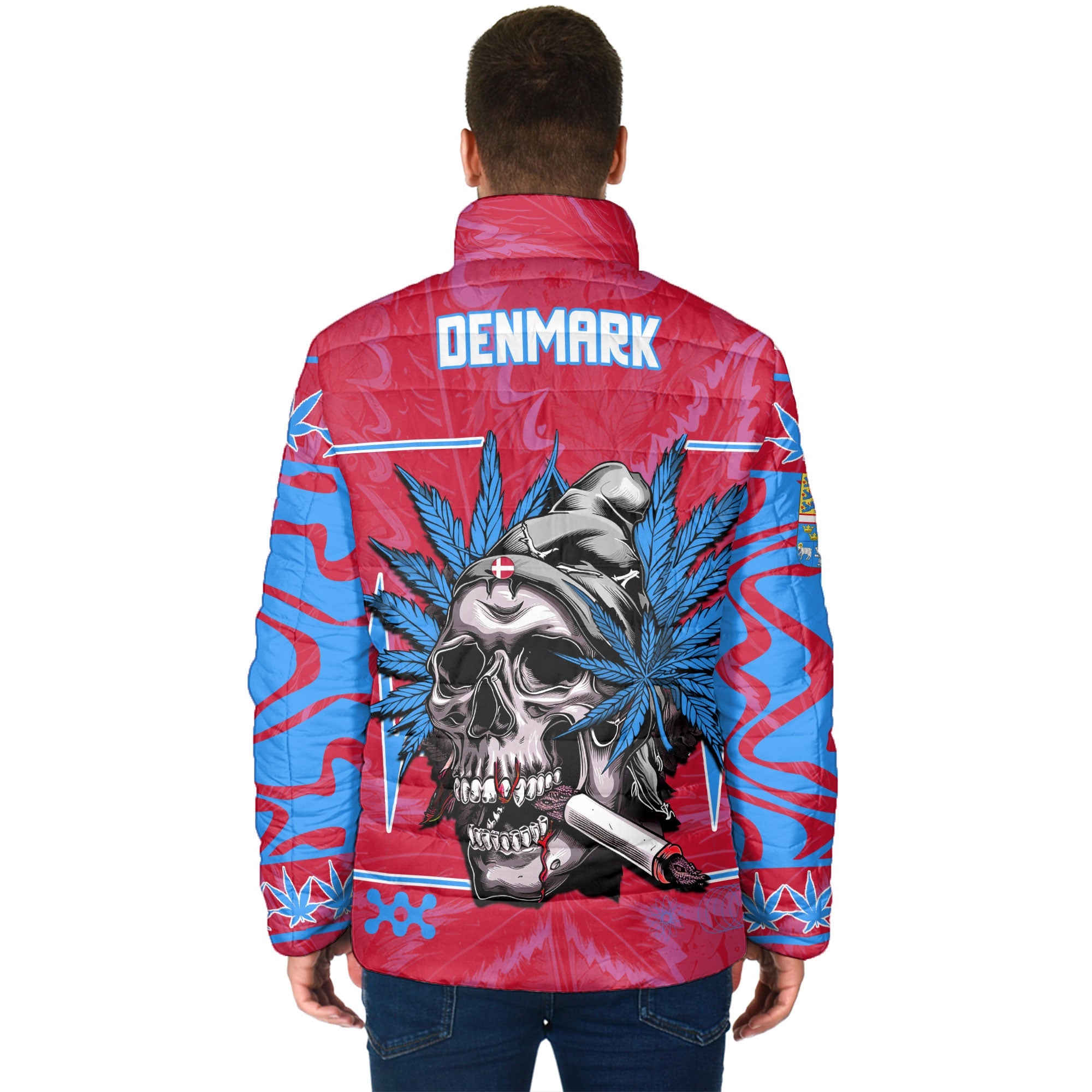 Denmark Men Padded Jacket Flag & Coat Of Arms Fire Middle Version Marijuanas Style