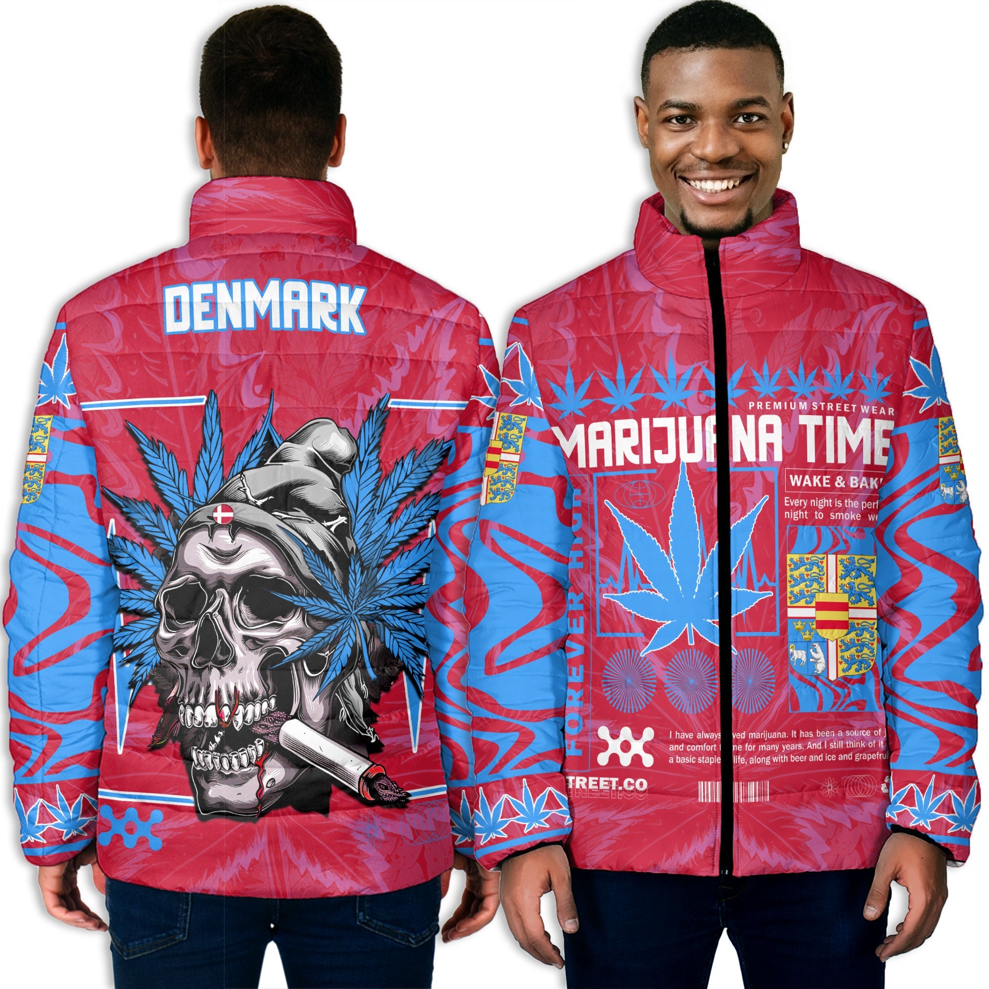 Denmark Men Padded Jacket Flag & Coat Of Arms Fire Middle Version Marijuanas Style