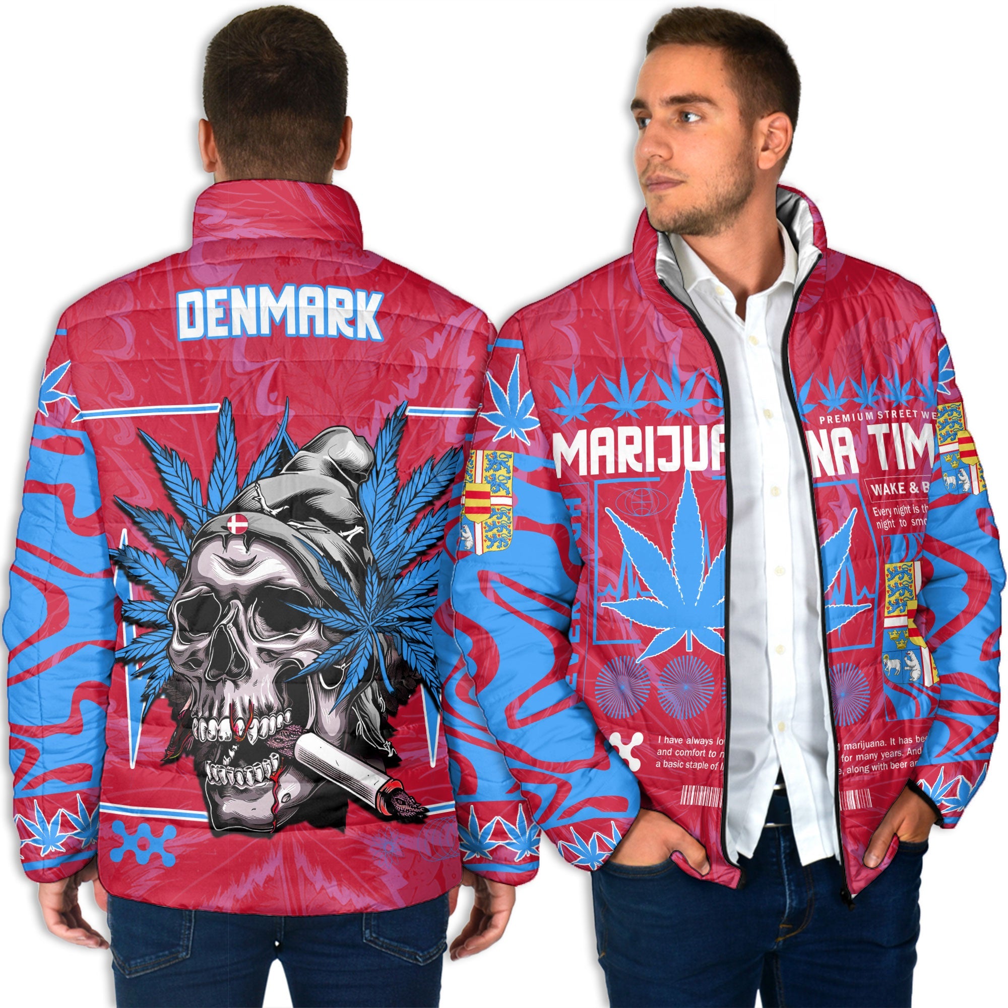 Denmark Men Padded Jacket Flag & Coat Of Arms Fire Middle Version Marijuanas Style