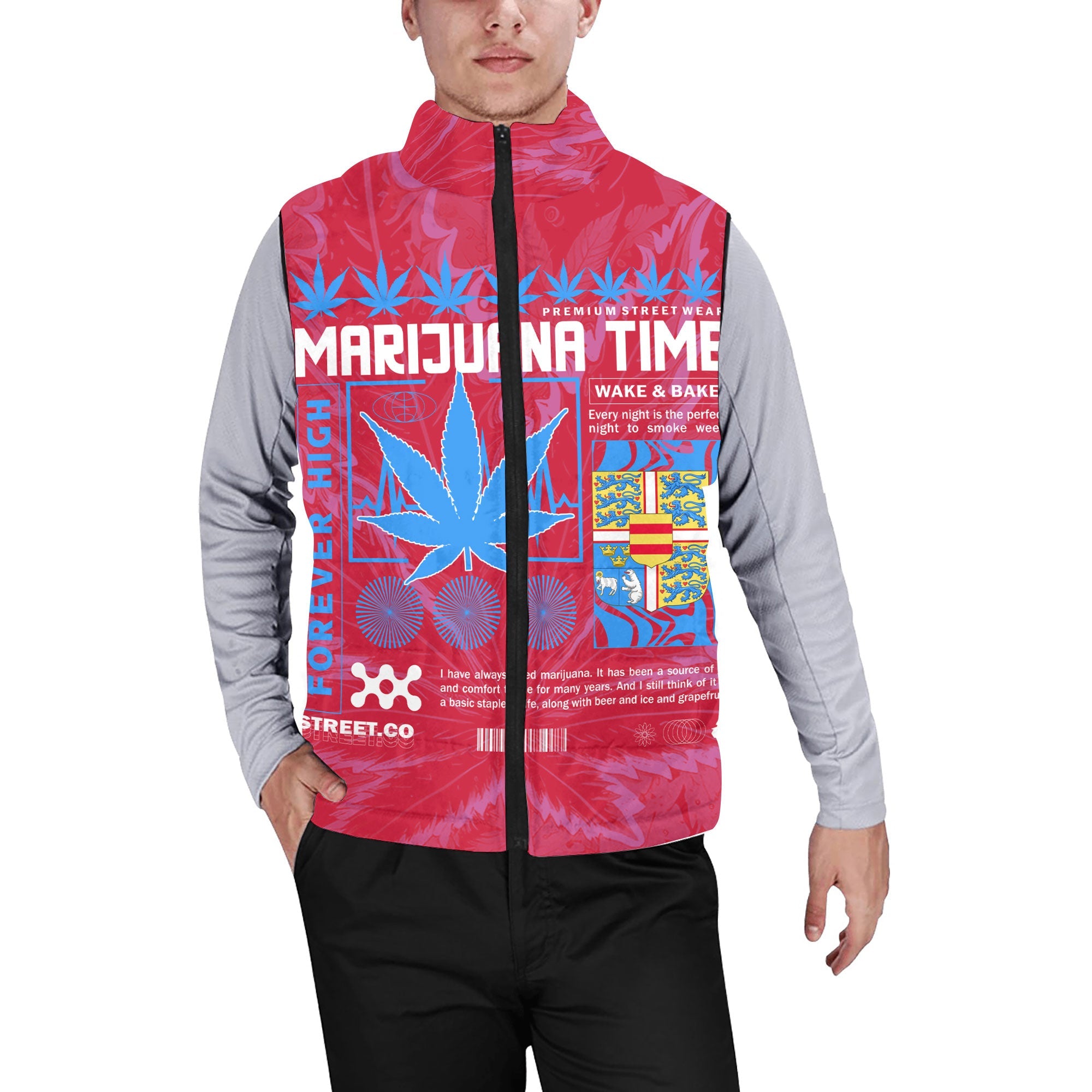 Denmark Men Padded Jacket Vest Flag & Coat Of Arms Fire Middle Version Marijuanas Style