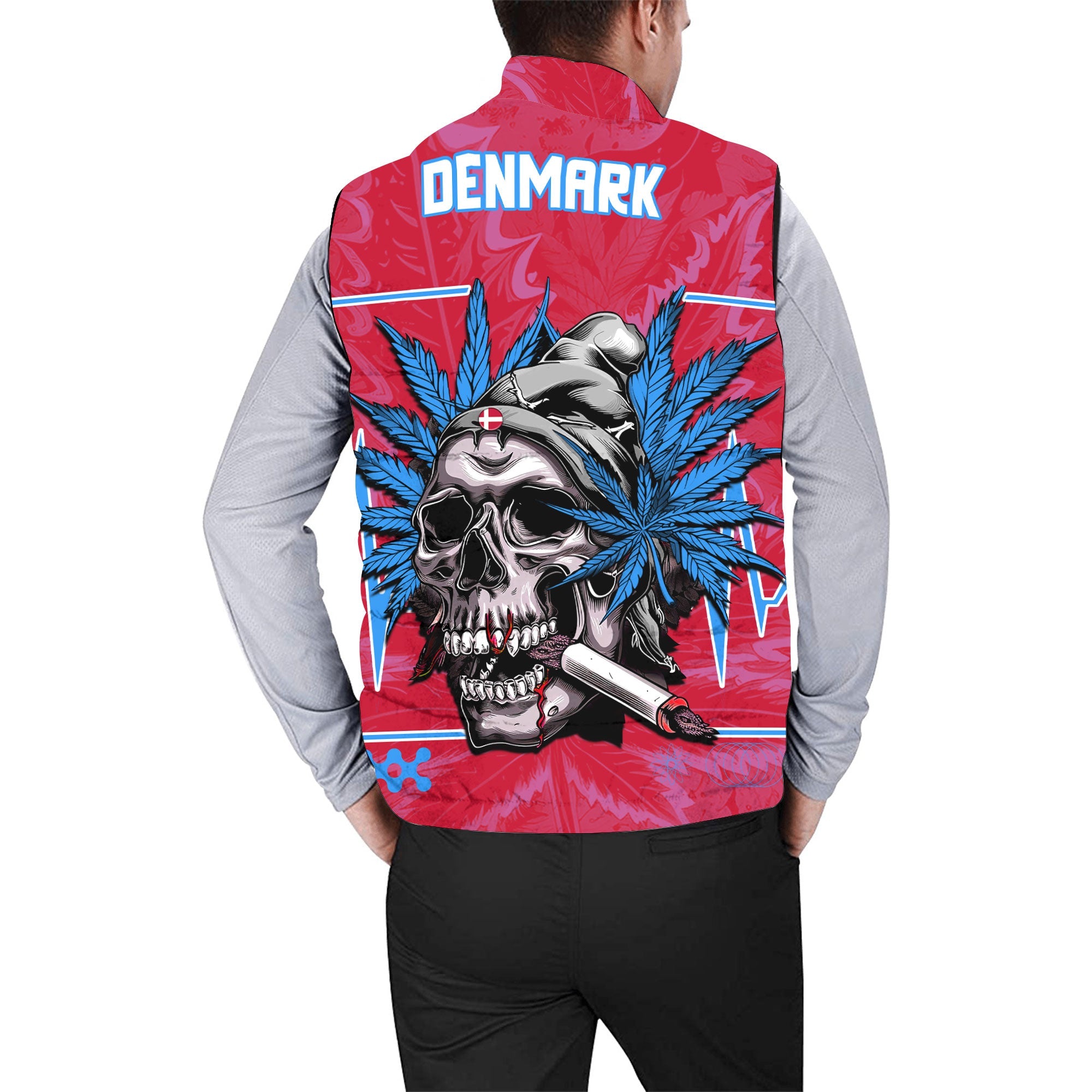 Denmark Men Padded Jacket Vest Flag & Coat Of Arms Fire Middle Version Marijuanas Style