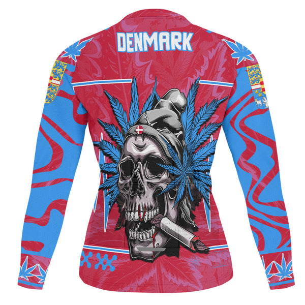 Denmark Men's Cycling Jersey Long Sleeve Flag & Coat Of Arms Fire Middle Version Marijuanas Style