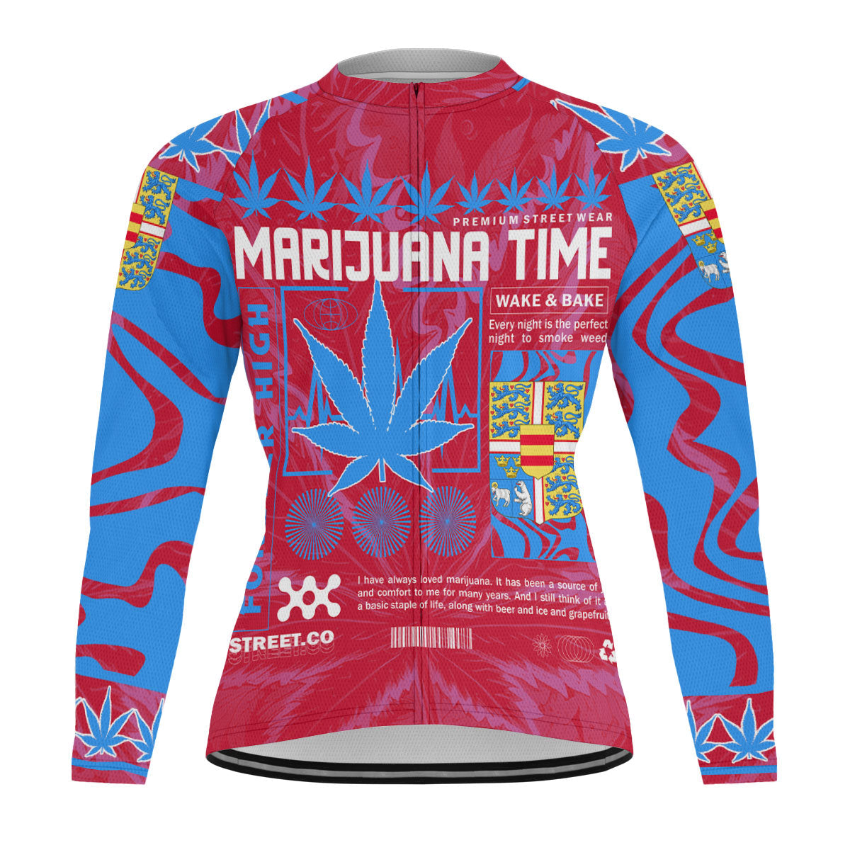 Denmark Men's Cycling Jersey Long Sleeve Flag & Coat Of Arms Fire Middle Version Marijuanas Style