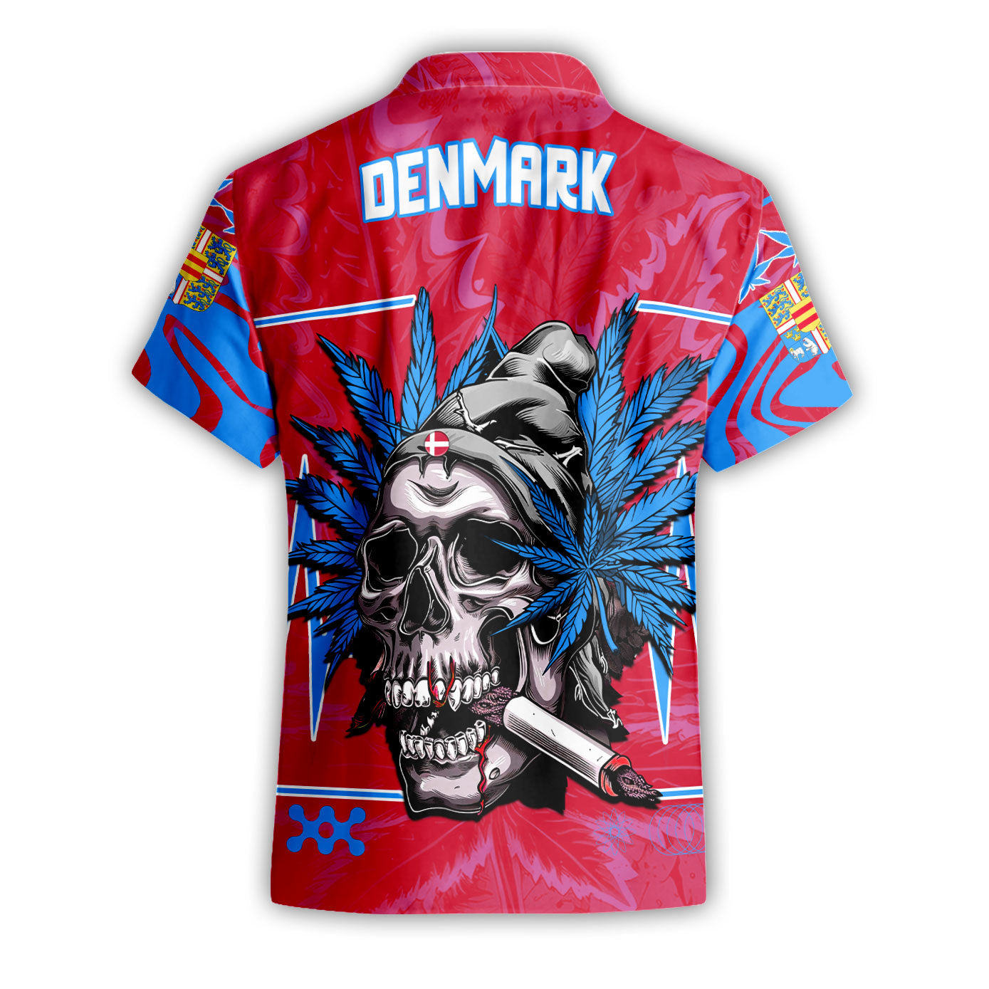 Denmark Short Sleeve Shirt Flag & Coat Of Arms Fire Middle Version Marijuanas Style