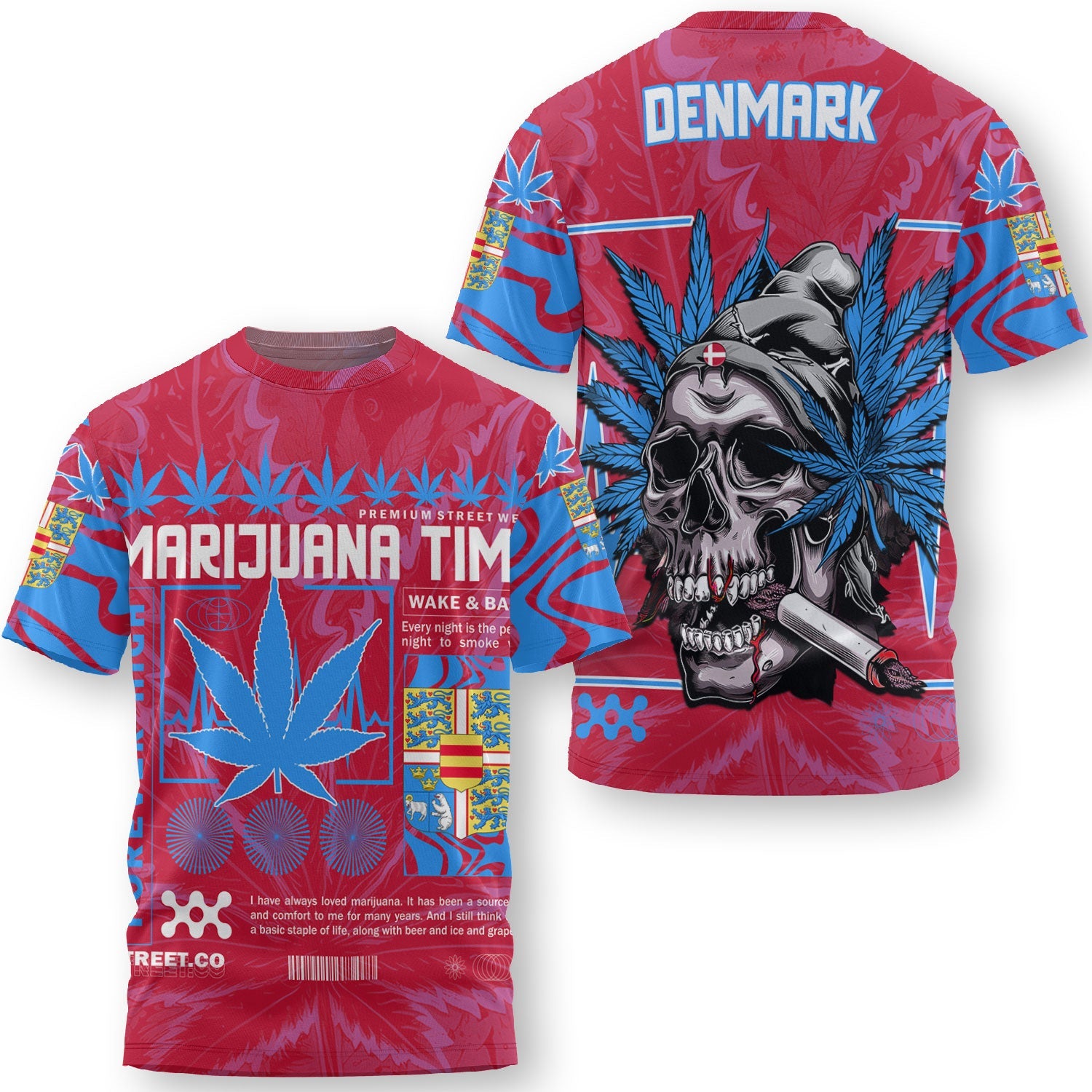 Denmark T Shirt Flag & Coat Of Arms Fire Middle Version Marijuanas Style