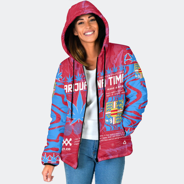 Denmark Women Hooded Padded Jacket Flag & Coat Of Arms Fire Middle Version Marijuanas Style