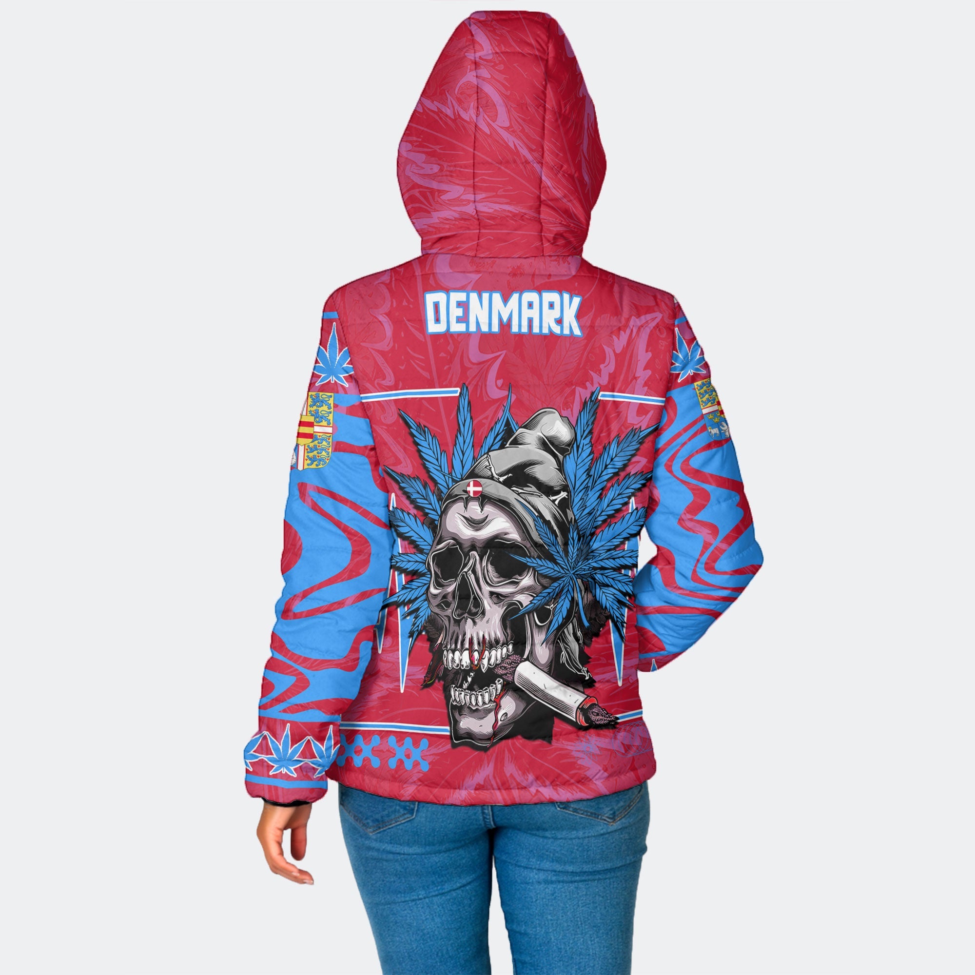 Denmark Women Hooded Padded Jacket Flag & Coat Of Arms Fire Middle Version Marijuanas Style