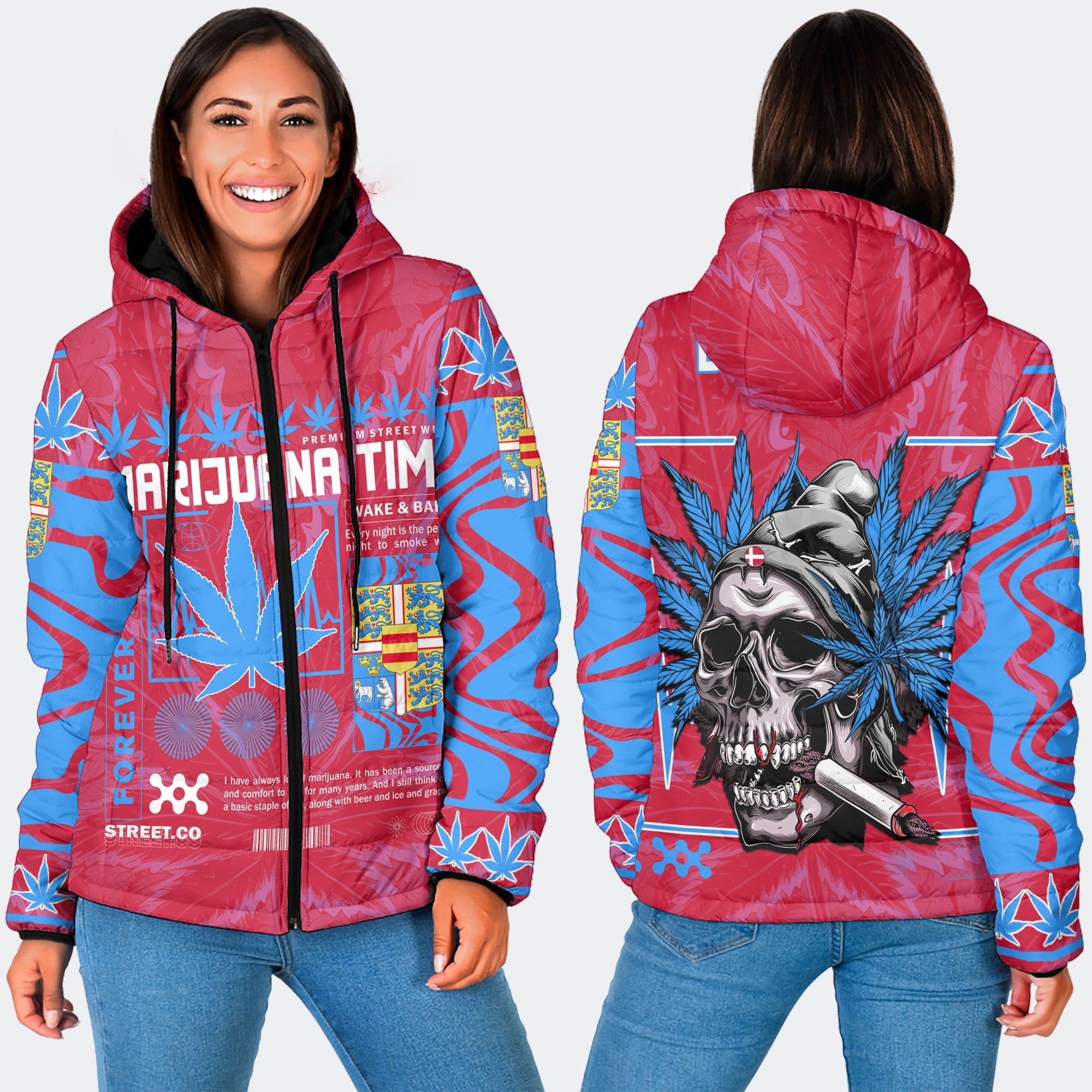 Denmark Women Hooded Padded Jacket Flag & Coat Of Arms Fire Middle Version Marijuanas Style