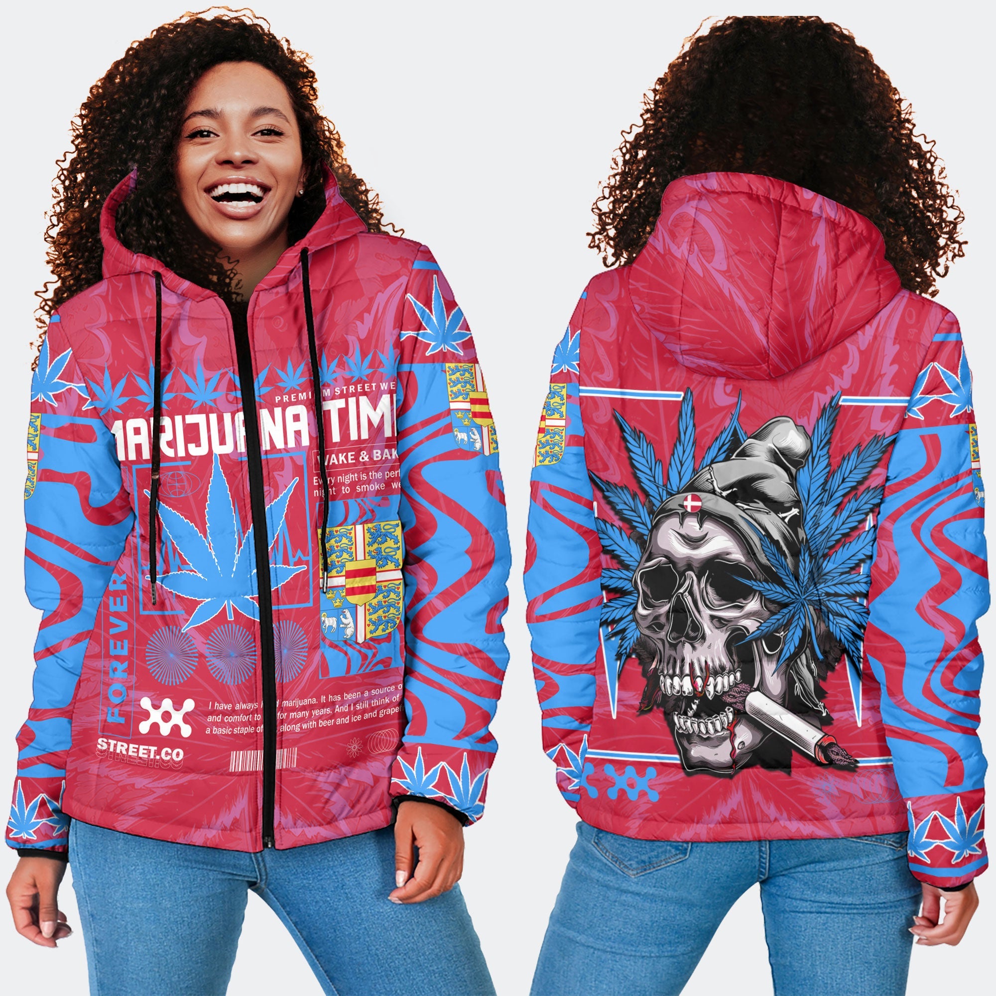 Denmark Women Hooded Padded Jacket Flag & Coat Of Arms Fire Middle Version Marijuanas Style