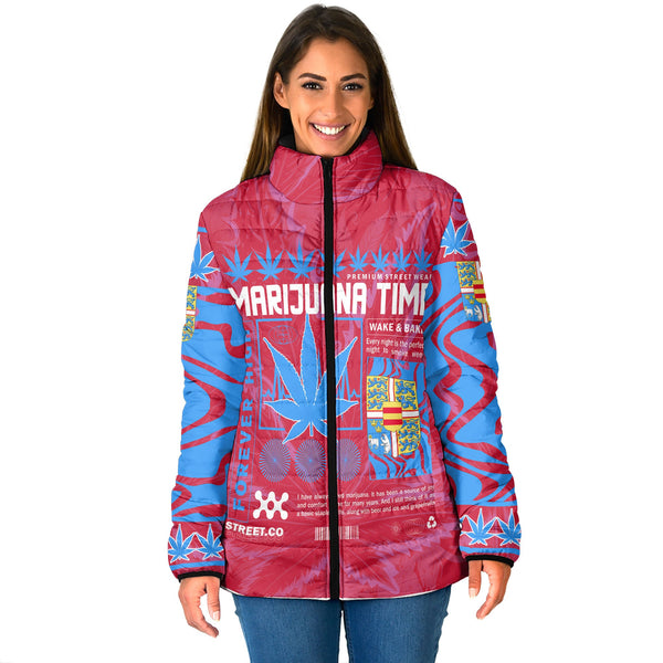 Denmark Women Padded Jacket Flag & Coat Of Arms Fire Middle Version Marijuanas Style