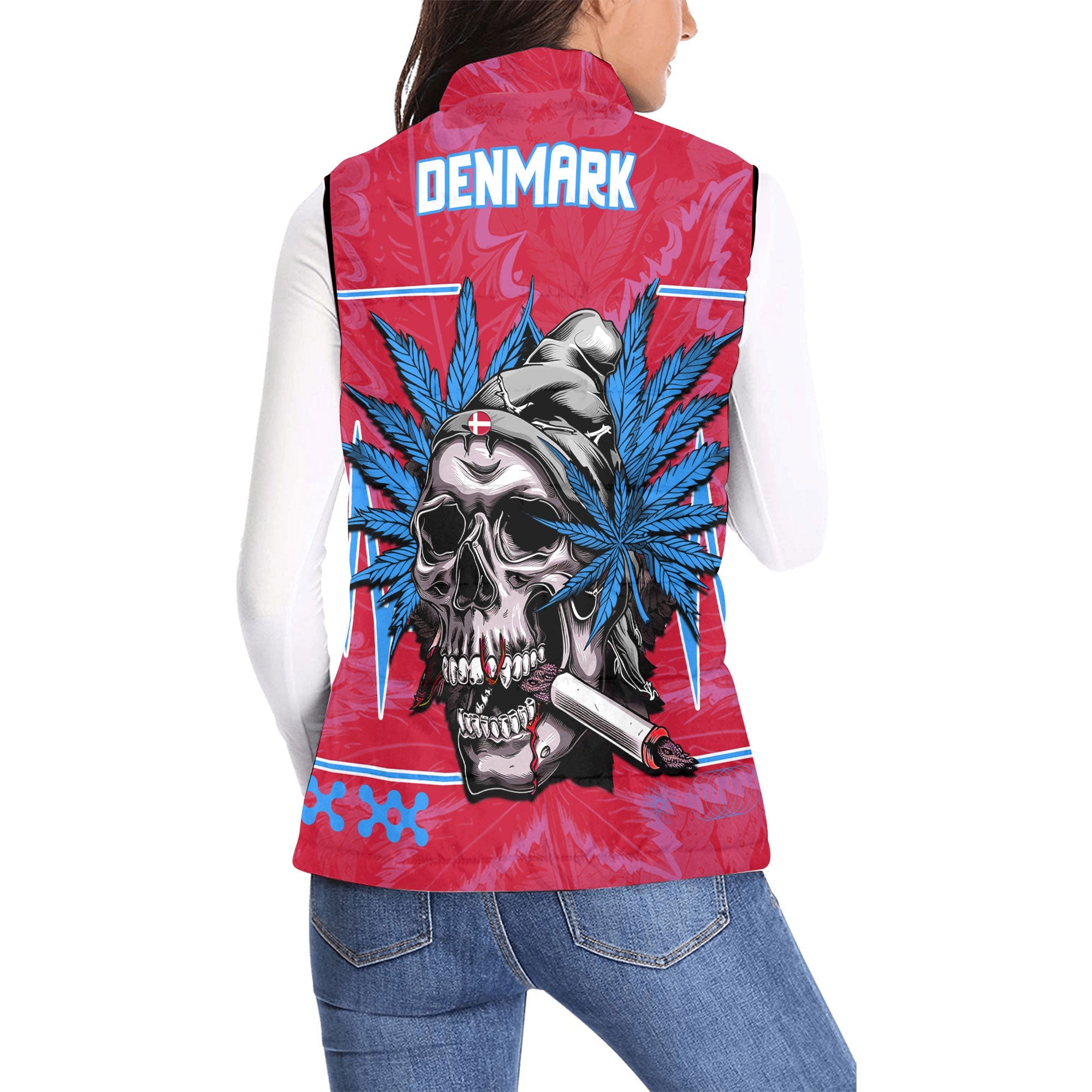 Denmark Women Padded Jacket Vest Flag & Coat Of Arms Fire Middle Version Marijuanas Style