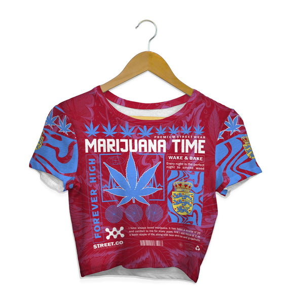 Denmark Crop Top T Shirt Flag & Coat Of Arms Lesser Version Fire Marijuanas Style