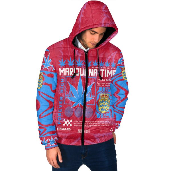 Denmark Men Hooded Padded Jacket Flag & Coat Of Arms Lesser Version Fire Marijuanas Style