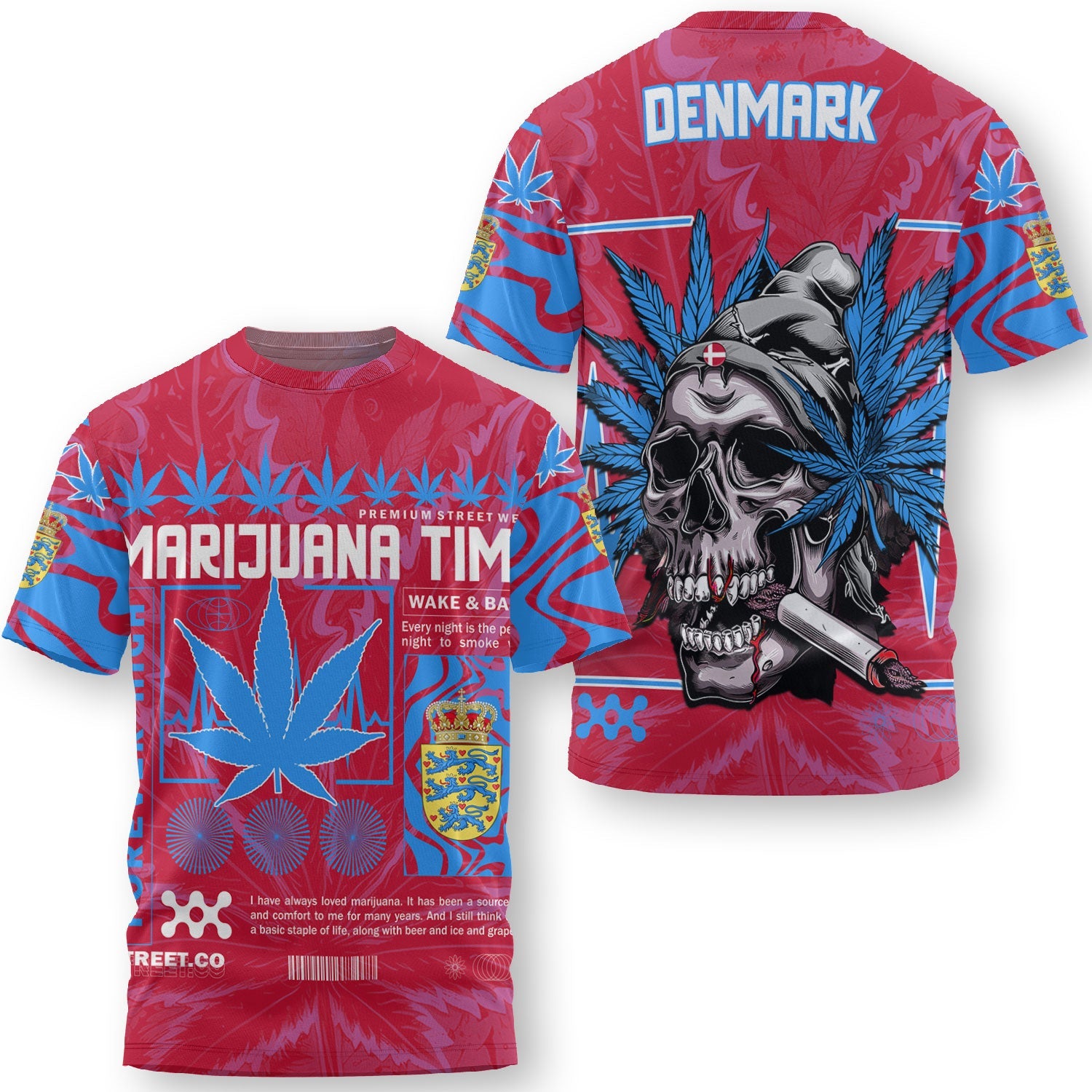 Denmark T Shirt Flag & Coat Of Arms Lesser Version Fire Marijuanas Style