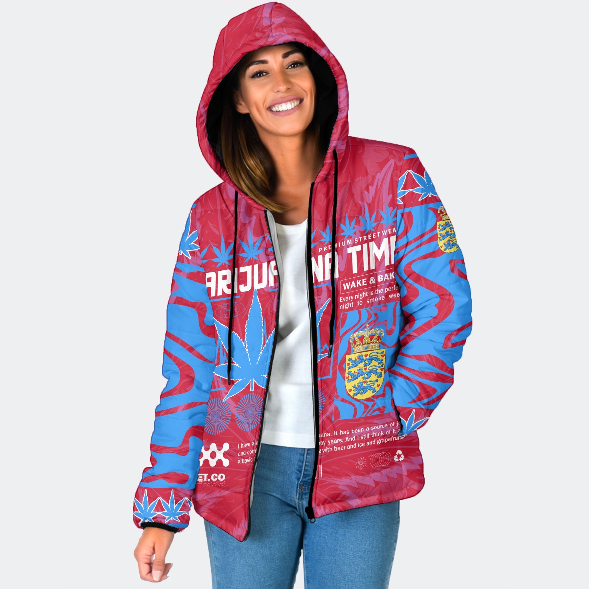 Denmark Women Hooded Padded Jacket Flag & Coat Of Arms Lesser Version Fire Marijuanas Style