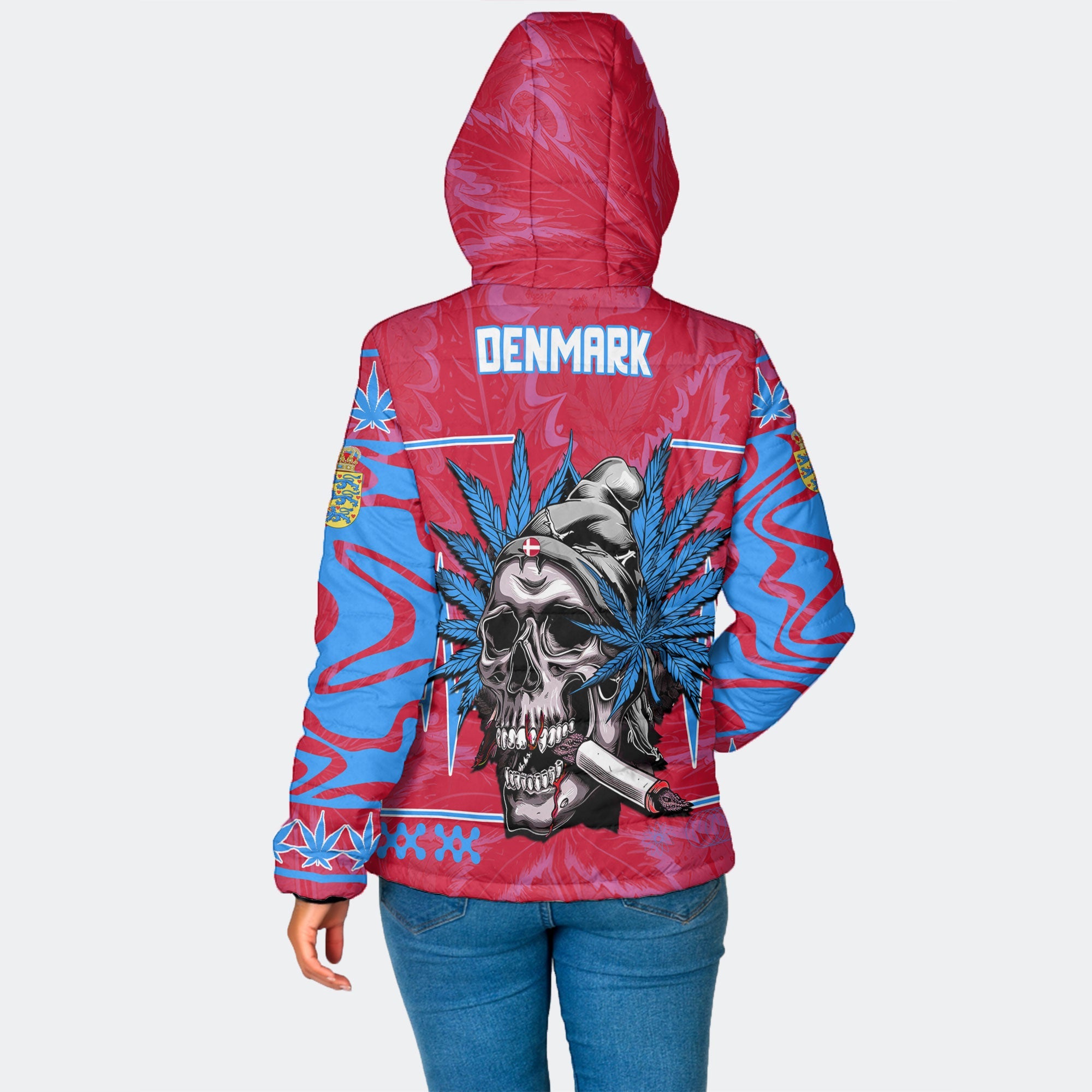 Denmark Women Hooded Padded Jacket Flag & Coat Of Arms Lesser Version Fire Marijuanas Style