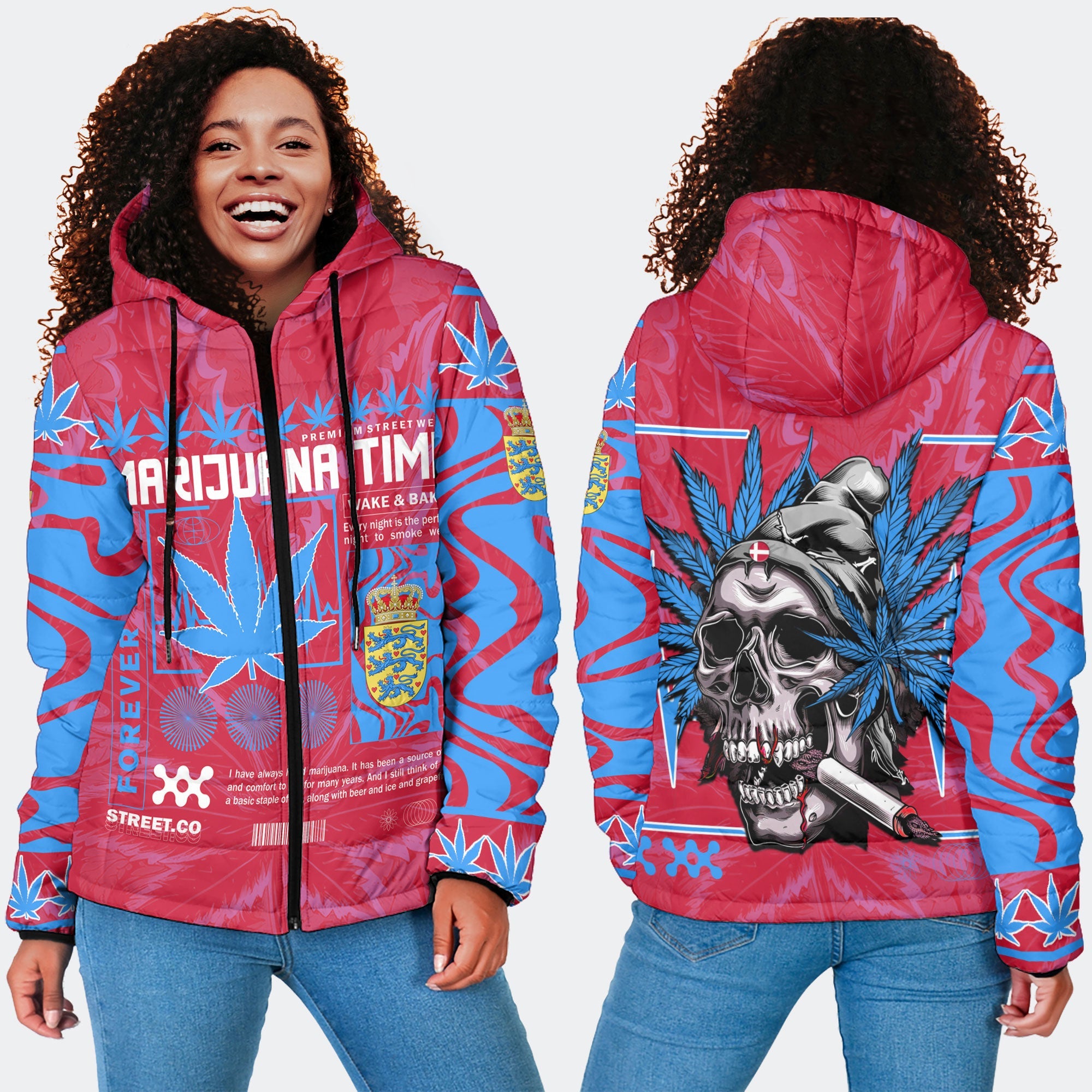 Denmark Women Hooded Padded Jacket Flag & Coat Of Arms Lesser Version Fire Marijuanas Style