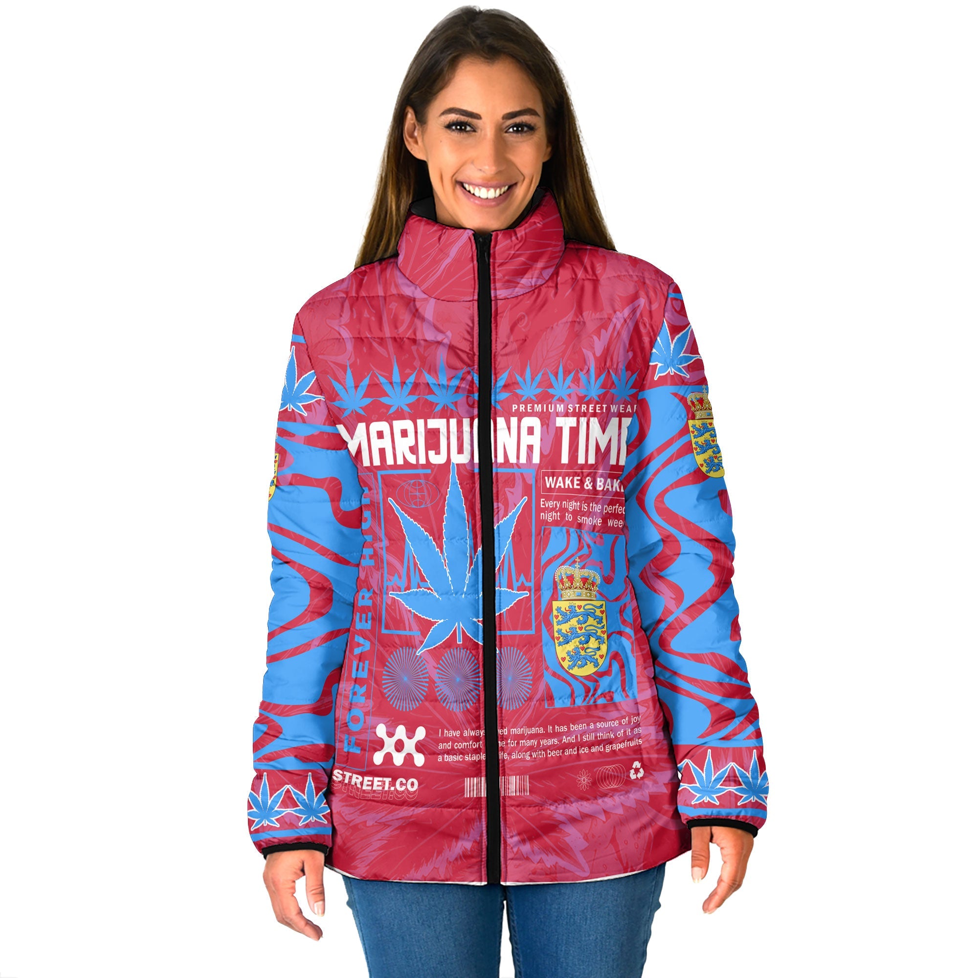 Denmark Women Padded Jacket Flag & Coat Of Arms Lesser Version Fire Marijuanas Style