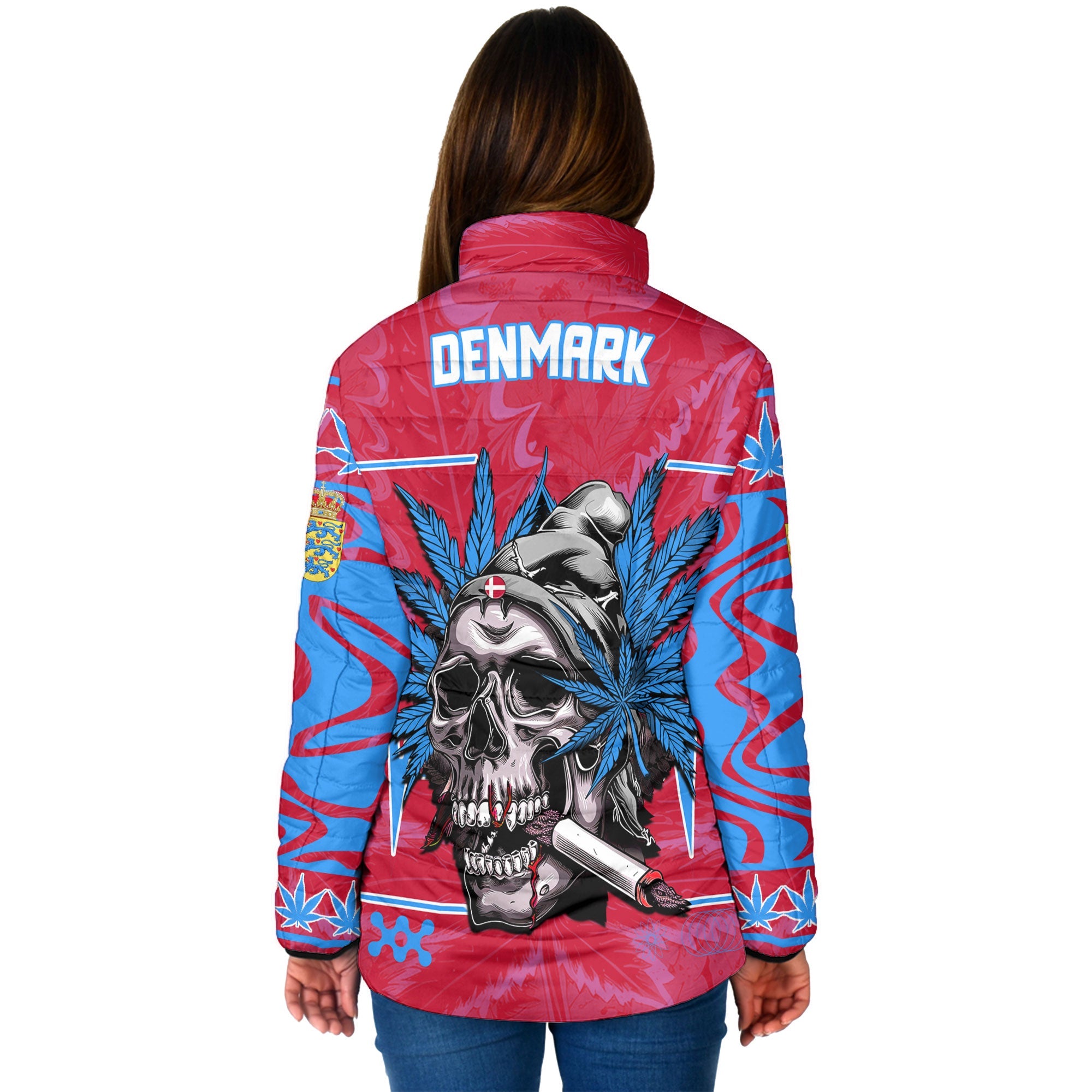 Denmark Women Padded Jacket Flag & Coat Of Arms Lesser Version Fire Marijuanas Style