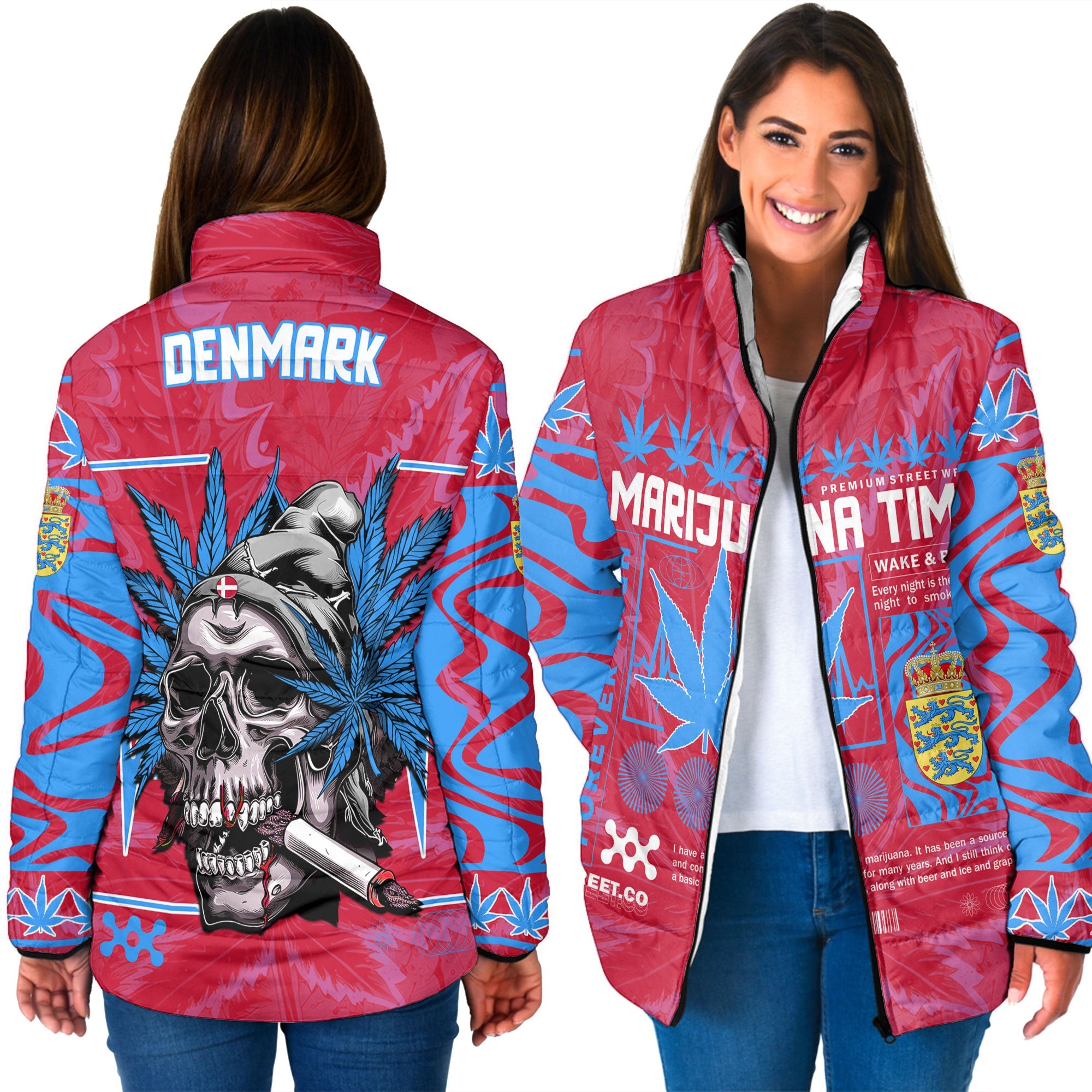 Denmark Women Padded Jacket Flag & Coat Of Arms Lesser Version Fire Marijuanas Style