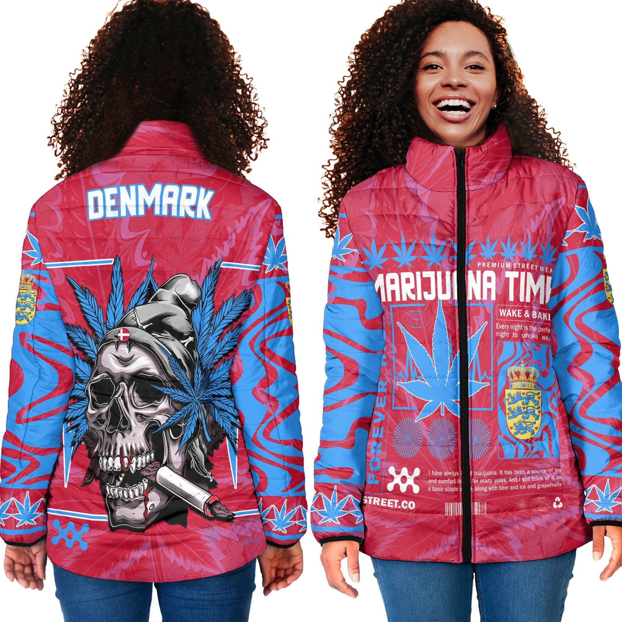 Denmark Women Padded Jacket Flag & Coat Of Arms Lesser Version Fire Marijuanas Style