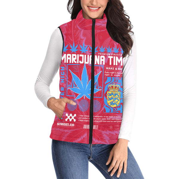 Denmark Women Padded Jacket Vest Flag & Coat Of Arms Lesser Version Fire Marijuanas Style