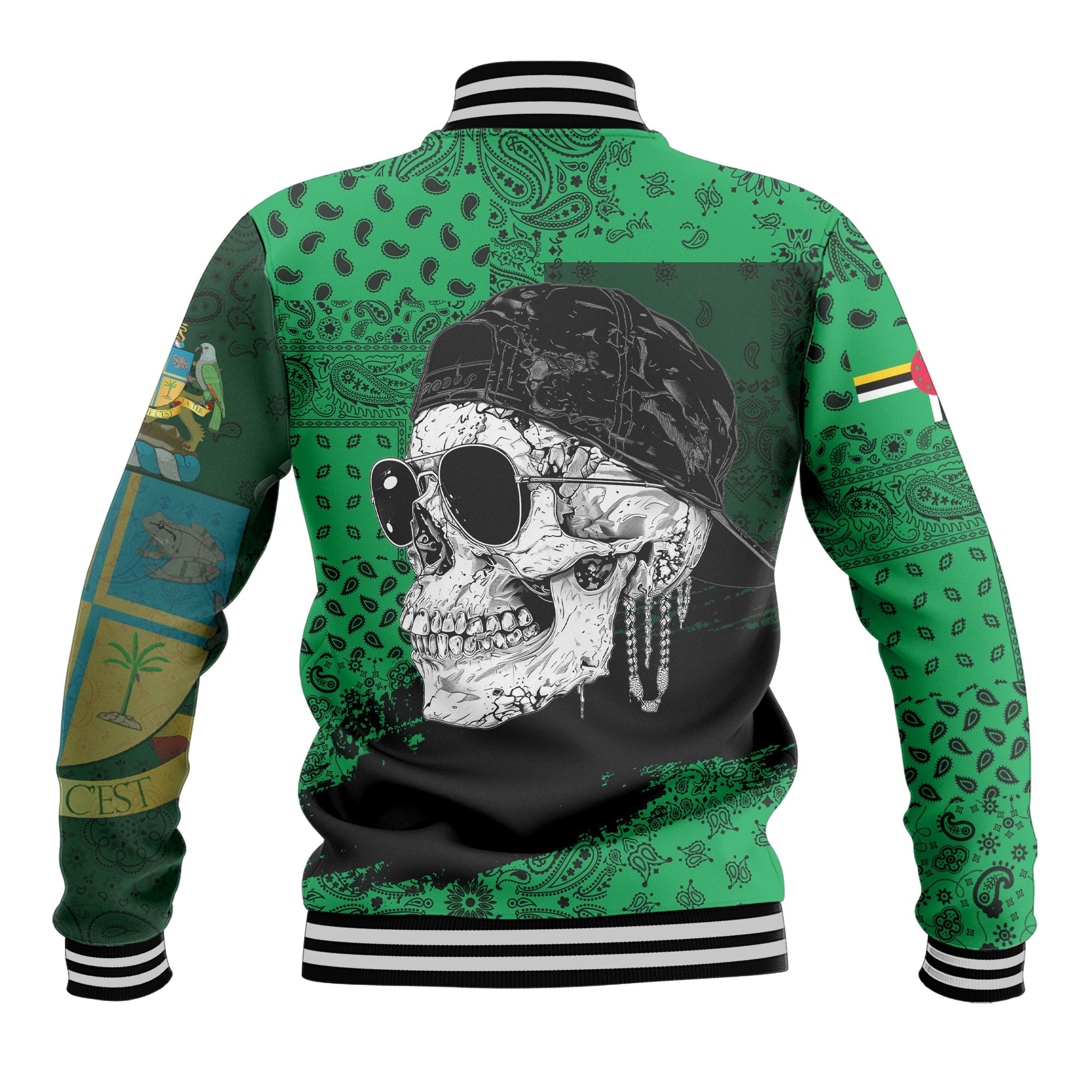 Dominica Baseball Jacket Paisley Flag And Skull Style 3