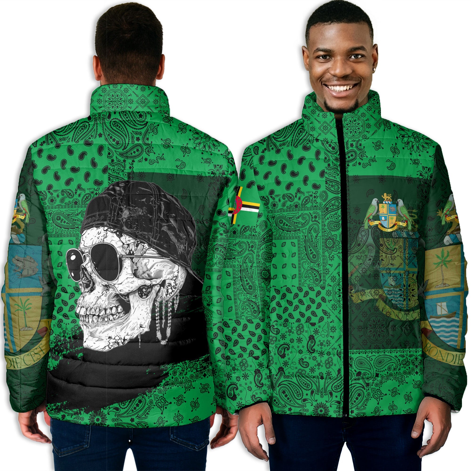 Dominica Men Padded Jacket Paisley Flag And Skull Style 3