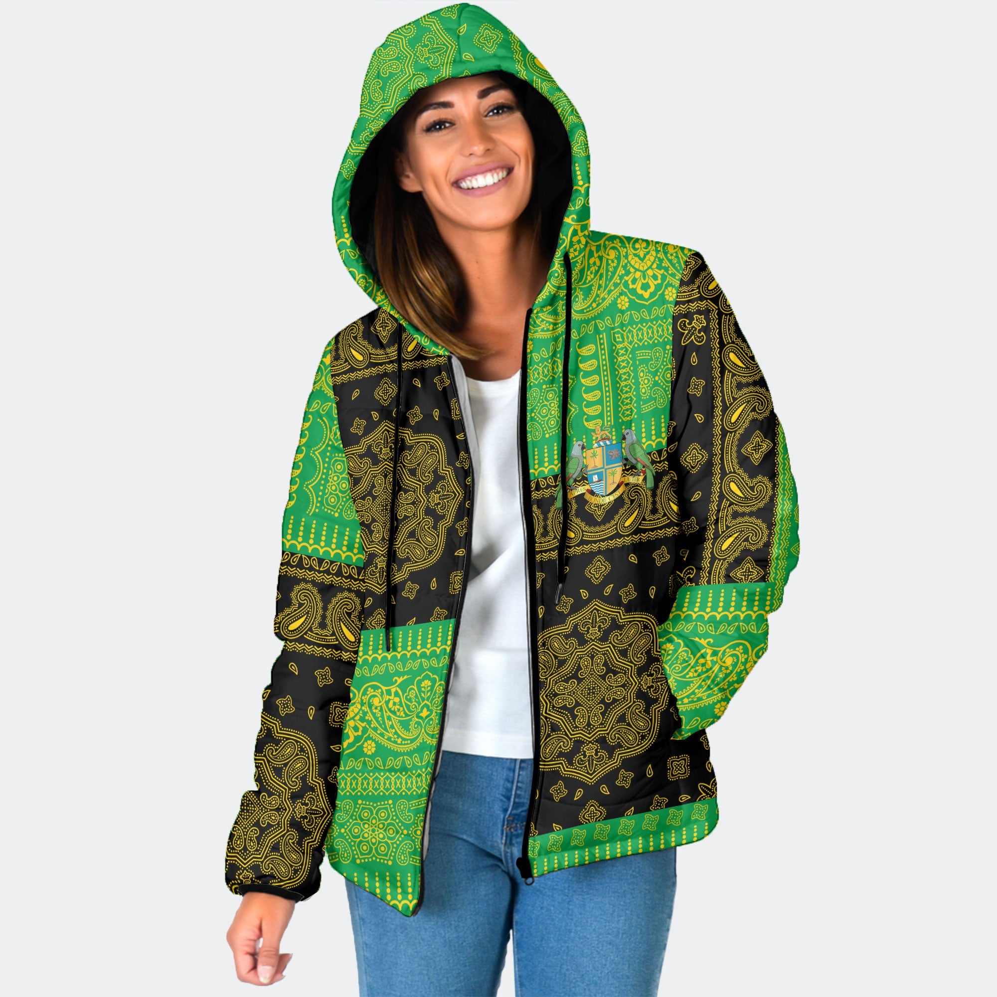 Dominica Women Hooded Padded Jacket Flag And Paisley Basic Style 1