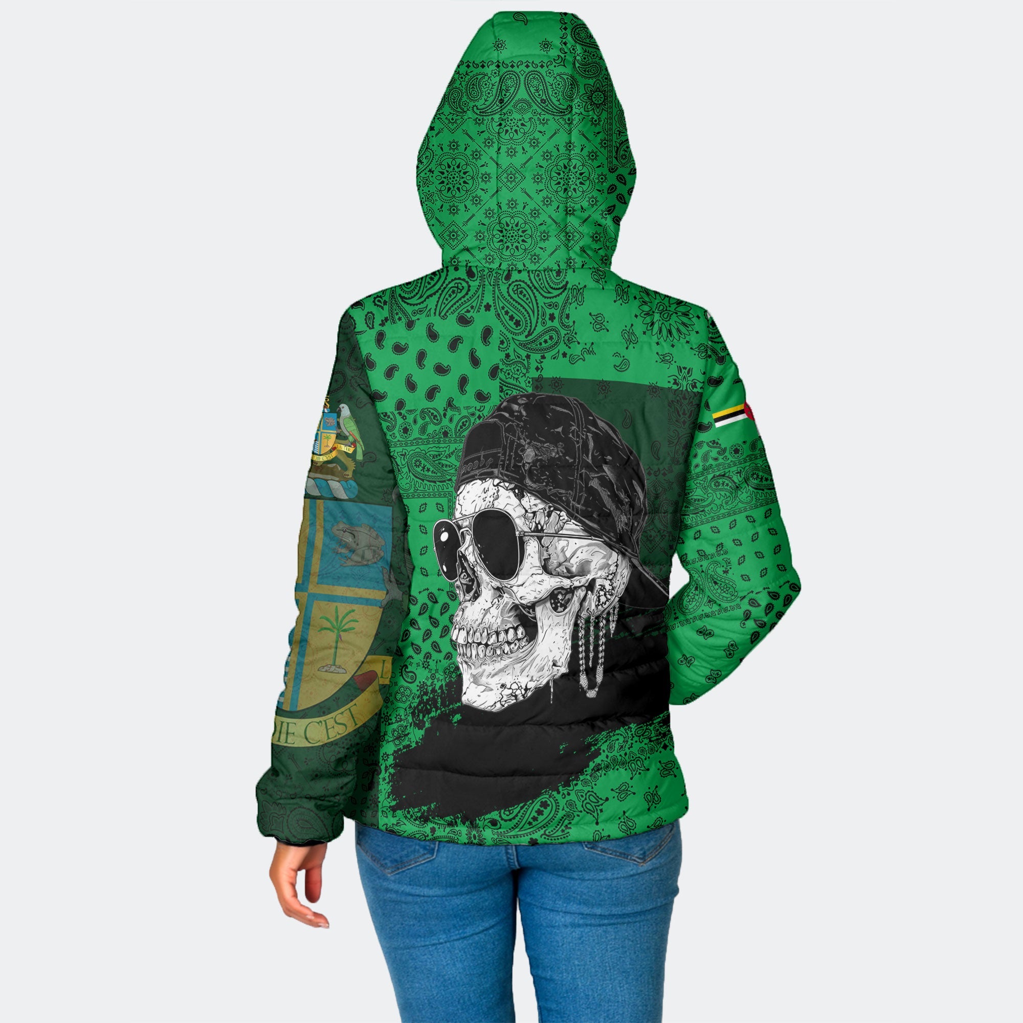 Dominica Women Hooded Padded Jacket Paisley Flag And Skull Style 2