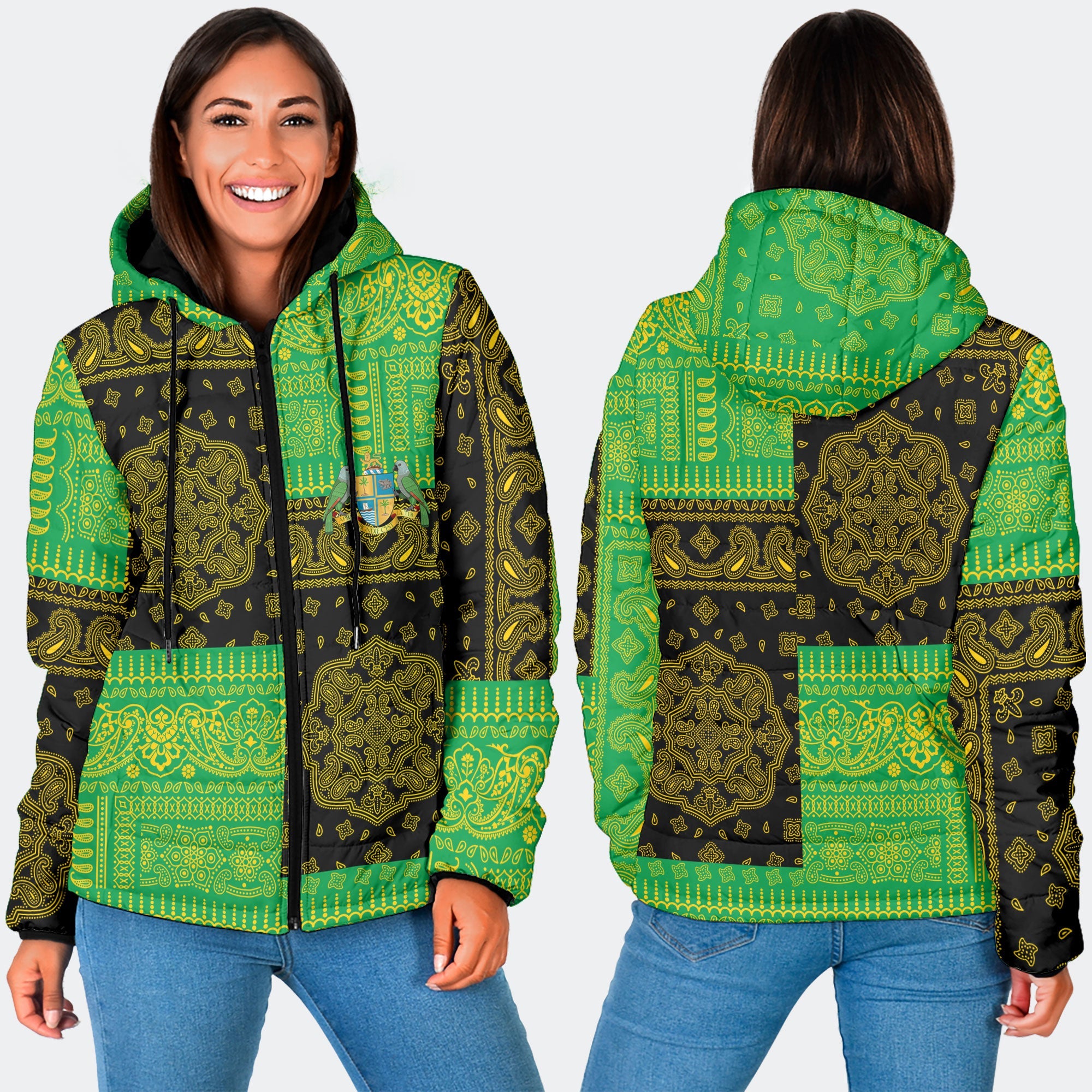 Dominica Women Hooded Padded Jacket Flag And Paisley Basic Style 3