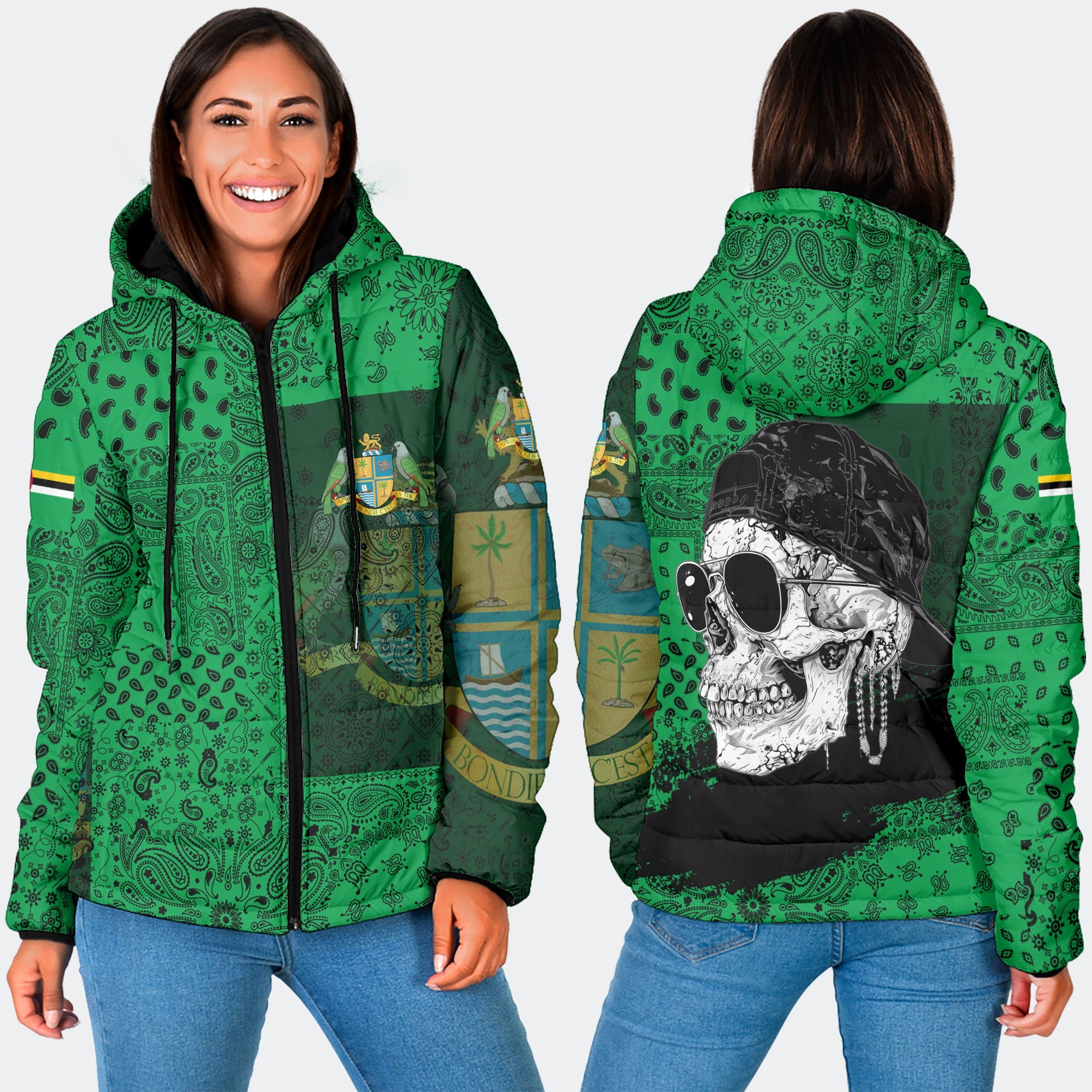 Dominica Women Hooded Padded Jacket Paisley Flag And Skull Style 3