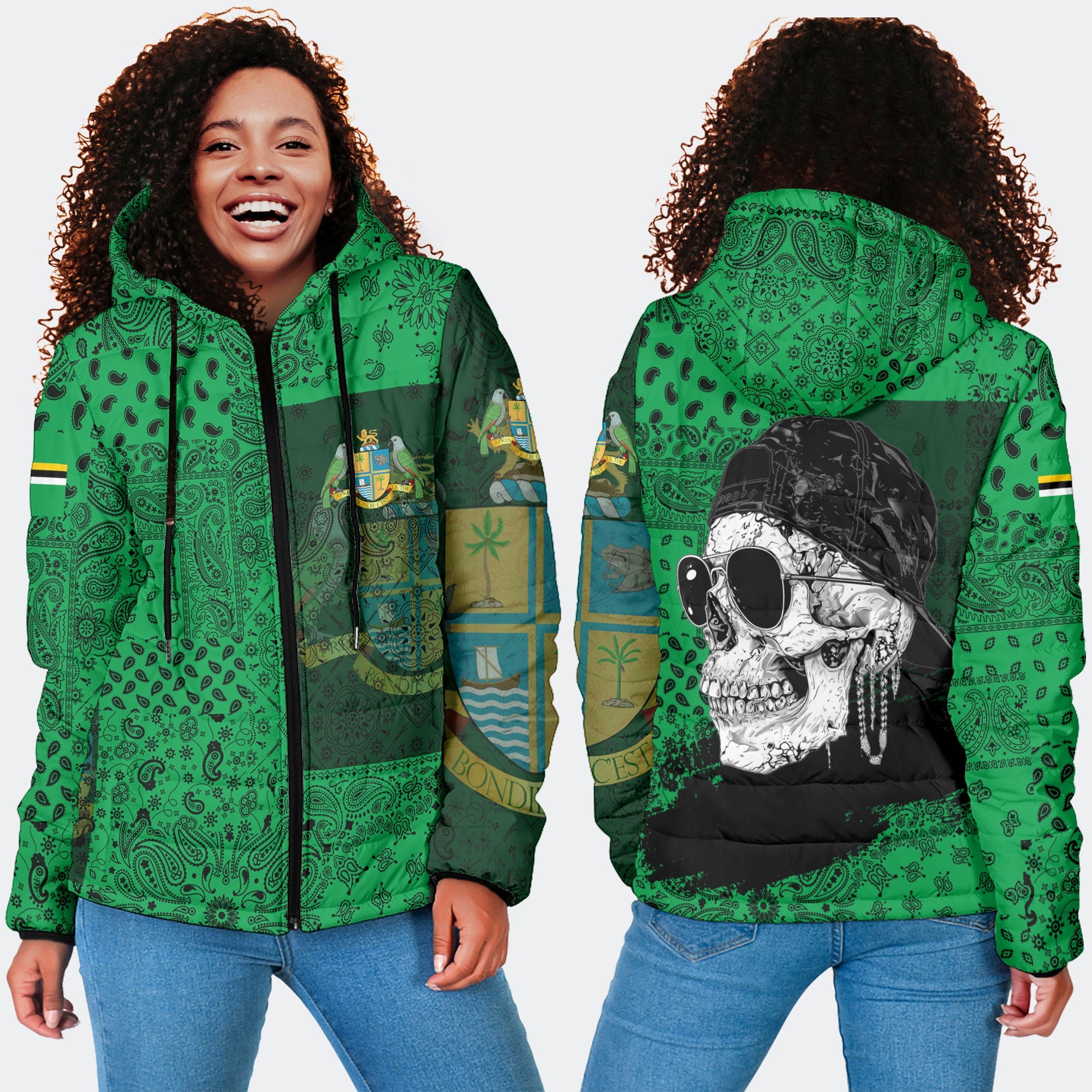 Dominica Women Hooded Padded Jacket Paisley Flag And Skull Style 4