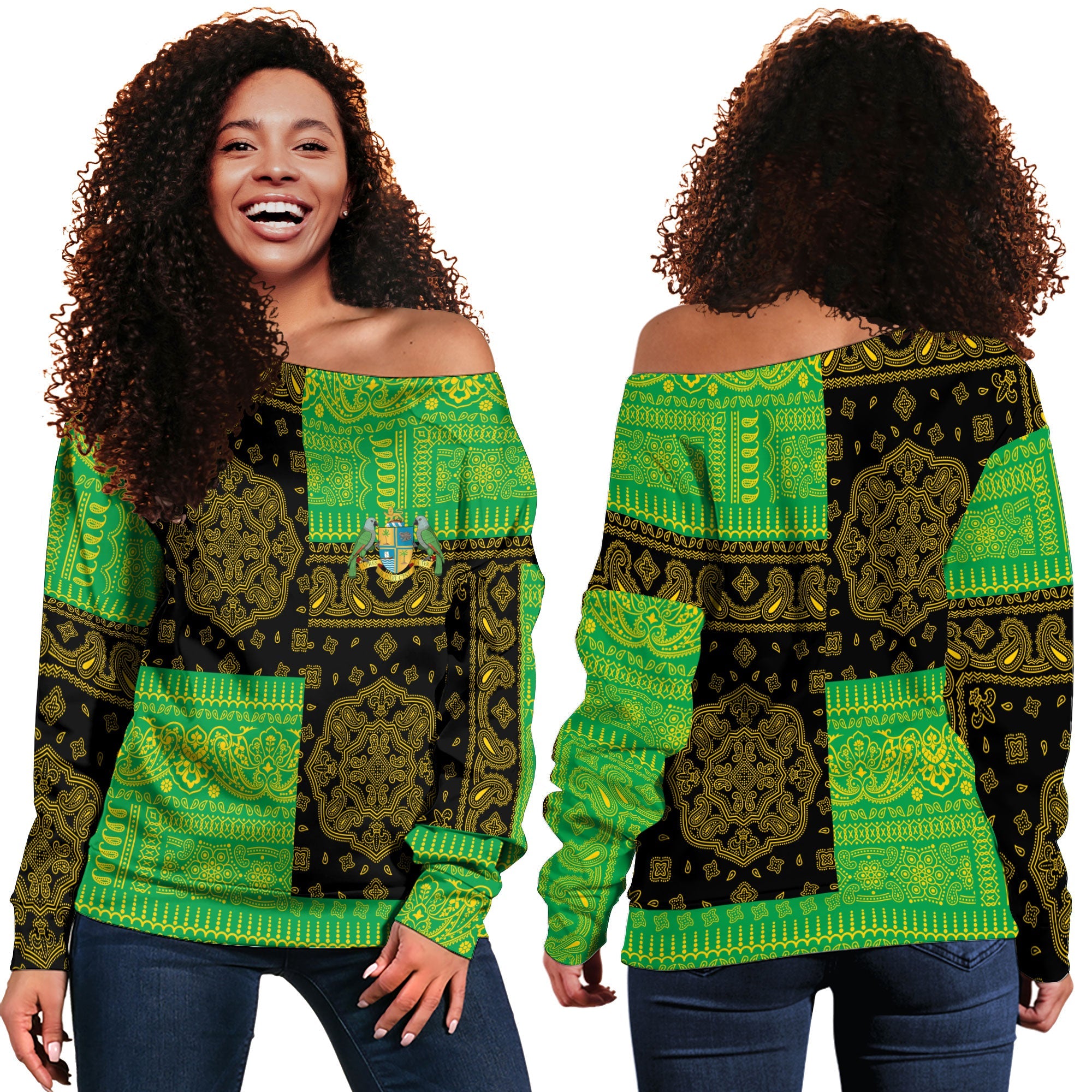 Dominica Women Off Shoulder Sweatshirt Flag And Paisley Basic Style 1