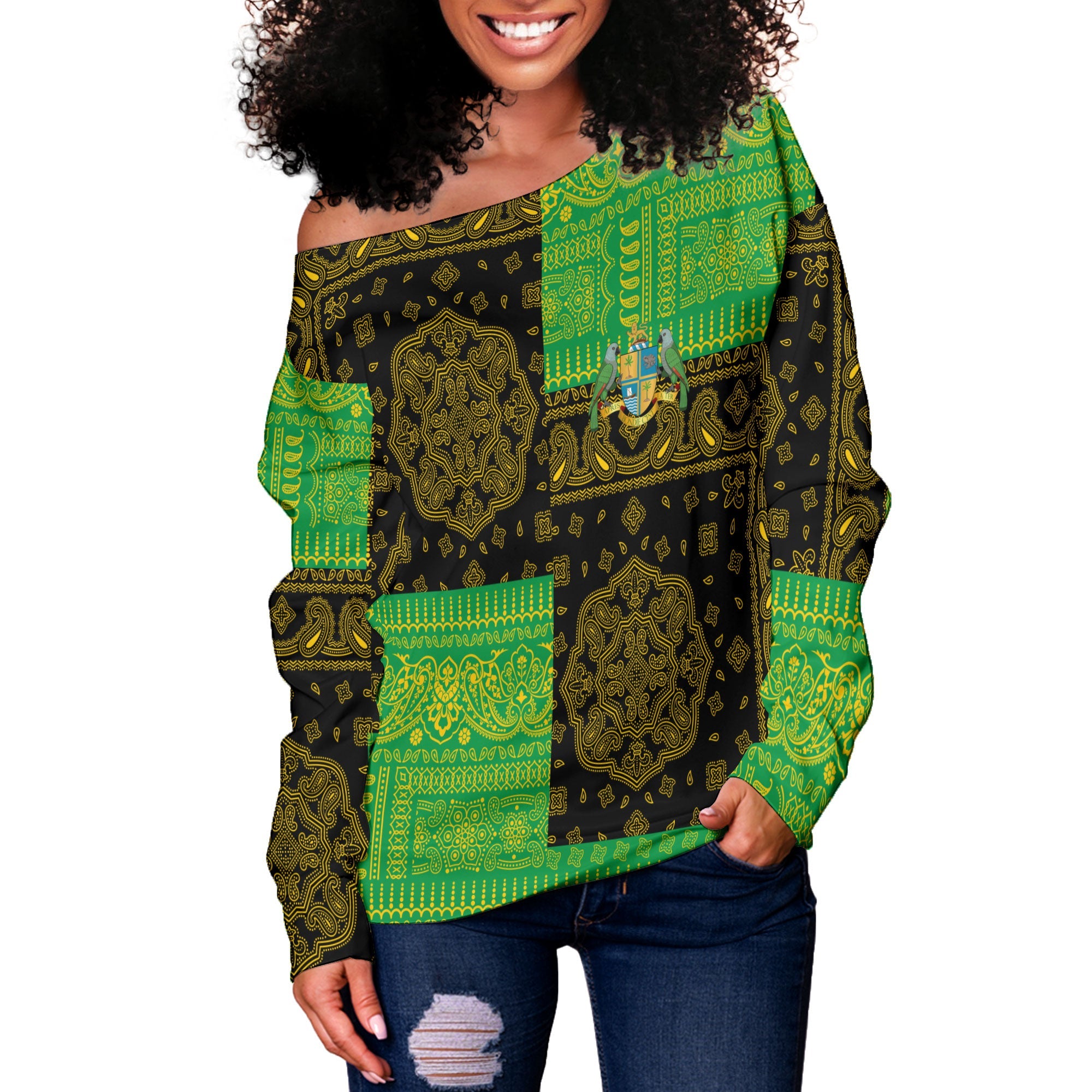 Dominica Women Off Shoulder Sweatshirt Flag And Paisley Basic Style 2