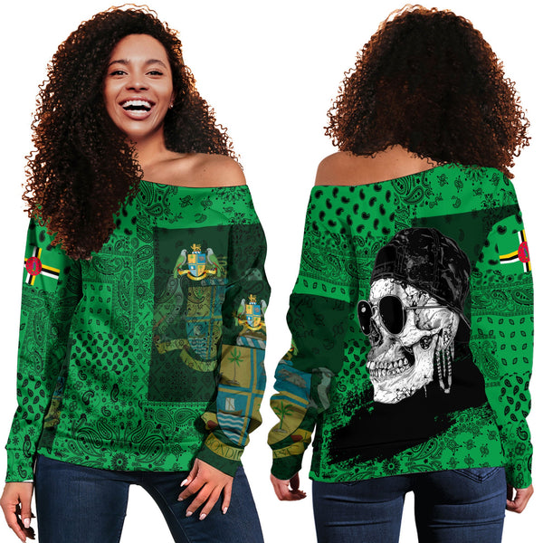 Dominica Women Off Shoulder Sweatshirt Paisley Flag And Skull Style 1