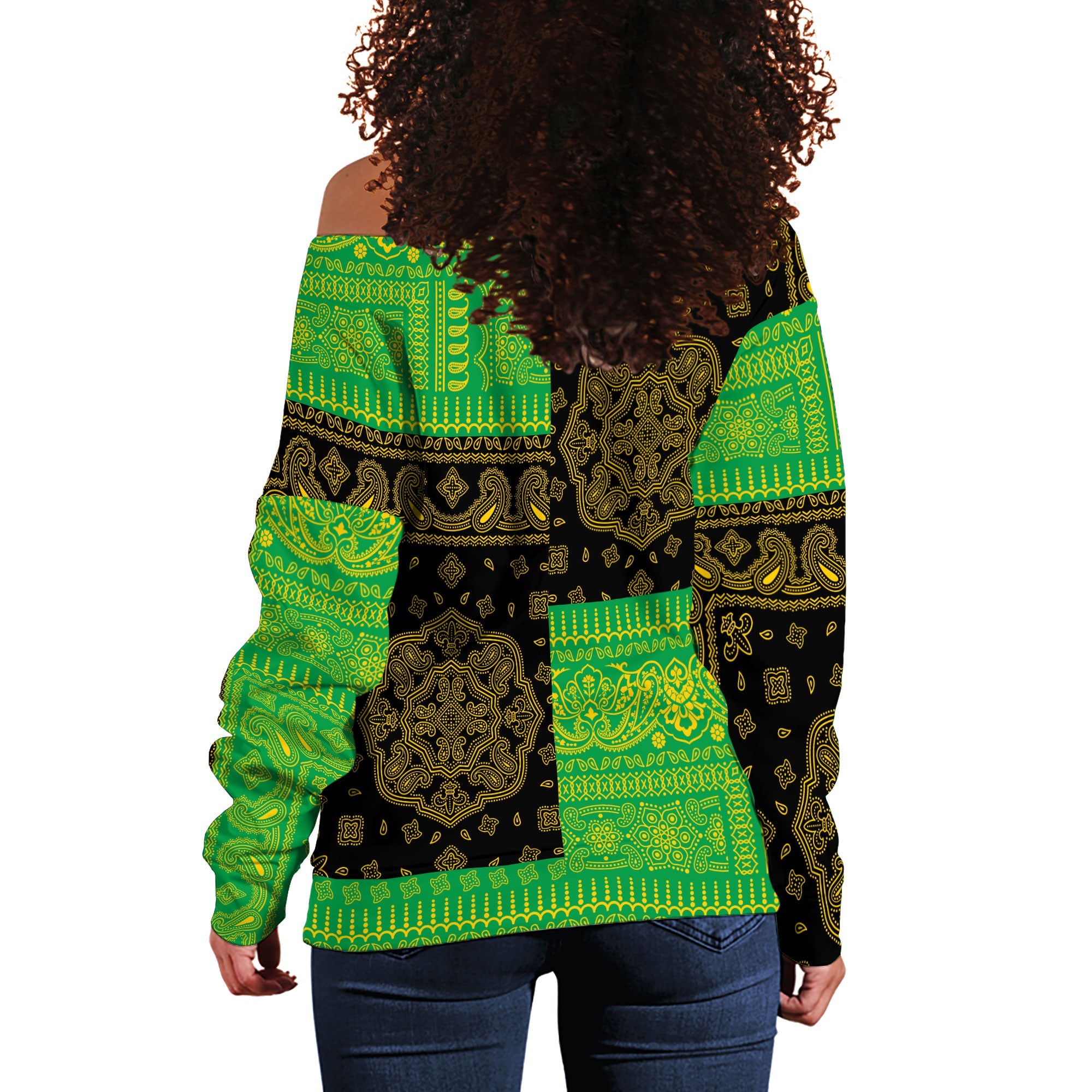 Dominica Women Off Shoulder Sweatshirt Flag And Paisley Basic Style 3