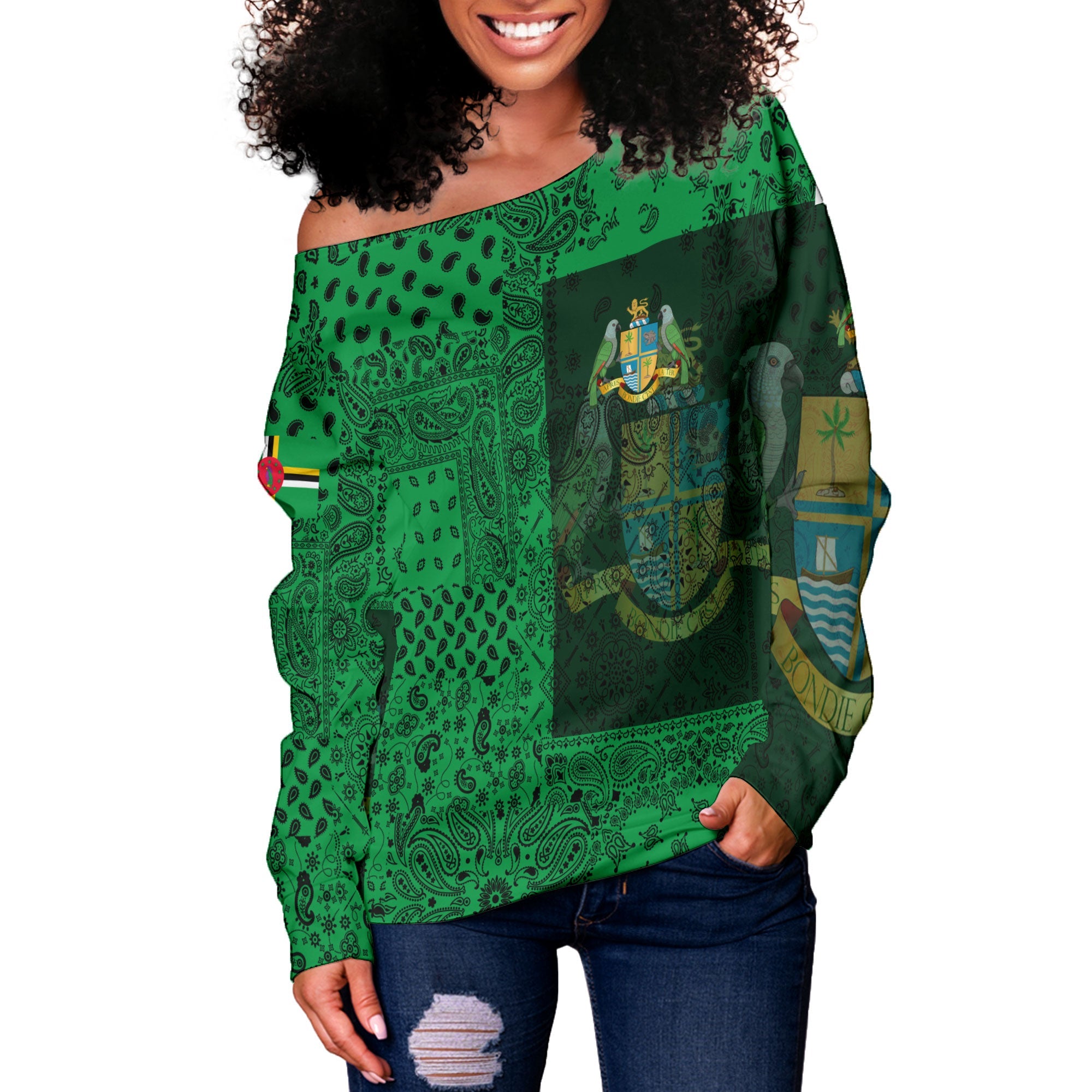 Dominica Women Off Shoulder Sweatshirt Paisley Flag And Skull Style 2