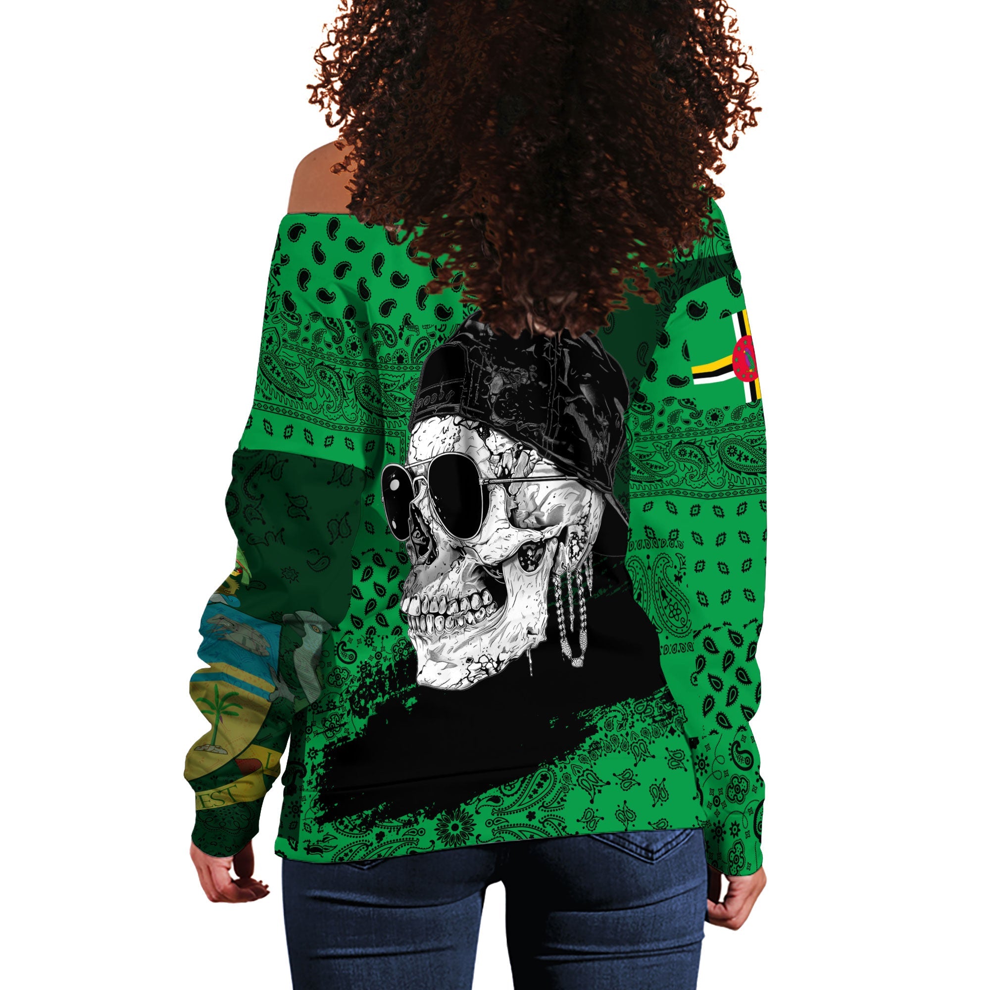 Dominica Women Off Shoulder Sweatshirt Paisley Flag And Skull Style 3