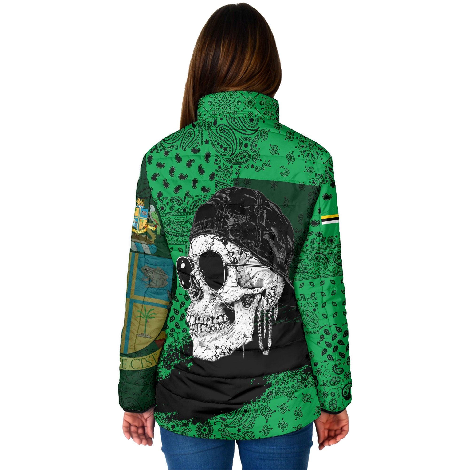 Dominica Women Padded Jacket Paisley Flag And Skull Style 2