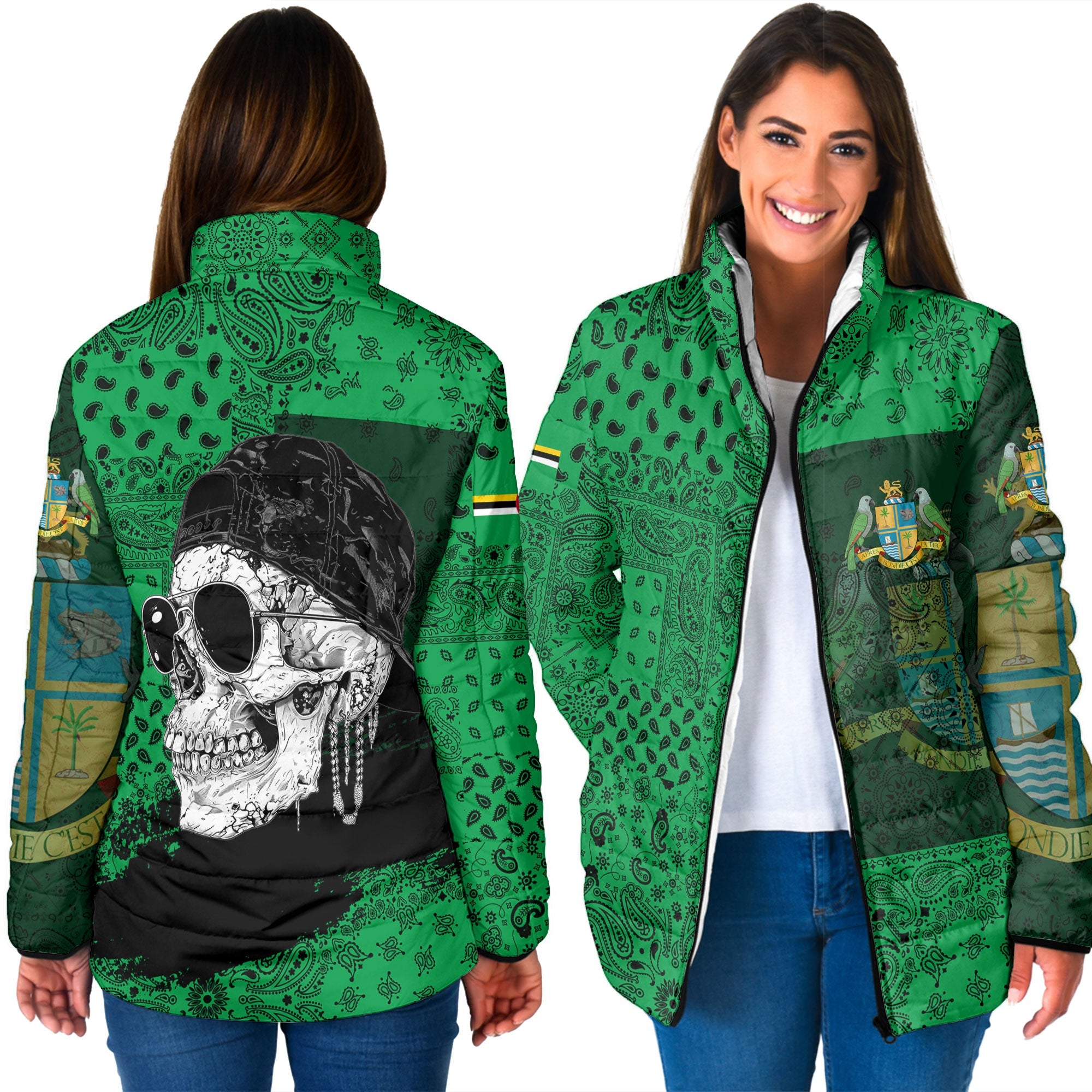 Dominica Women Padded Jacket Paisley Flag And Skull Style 3