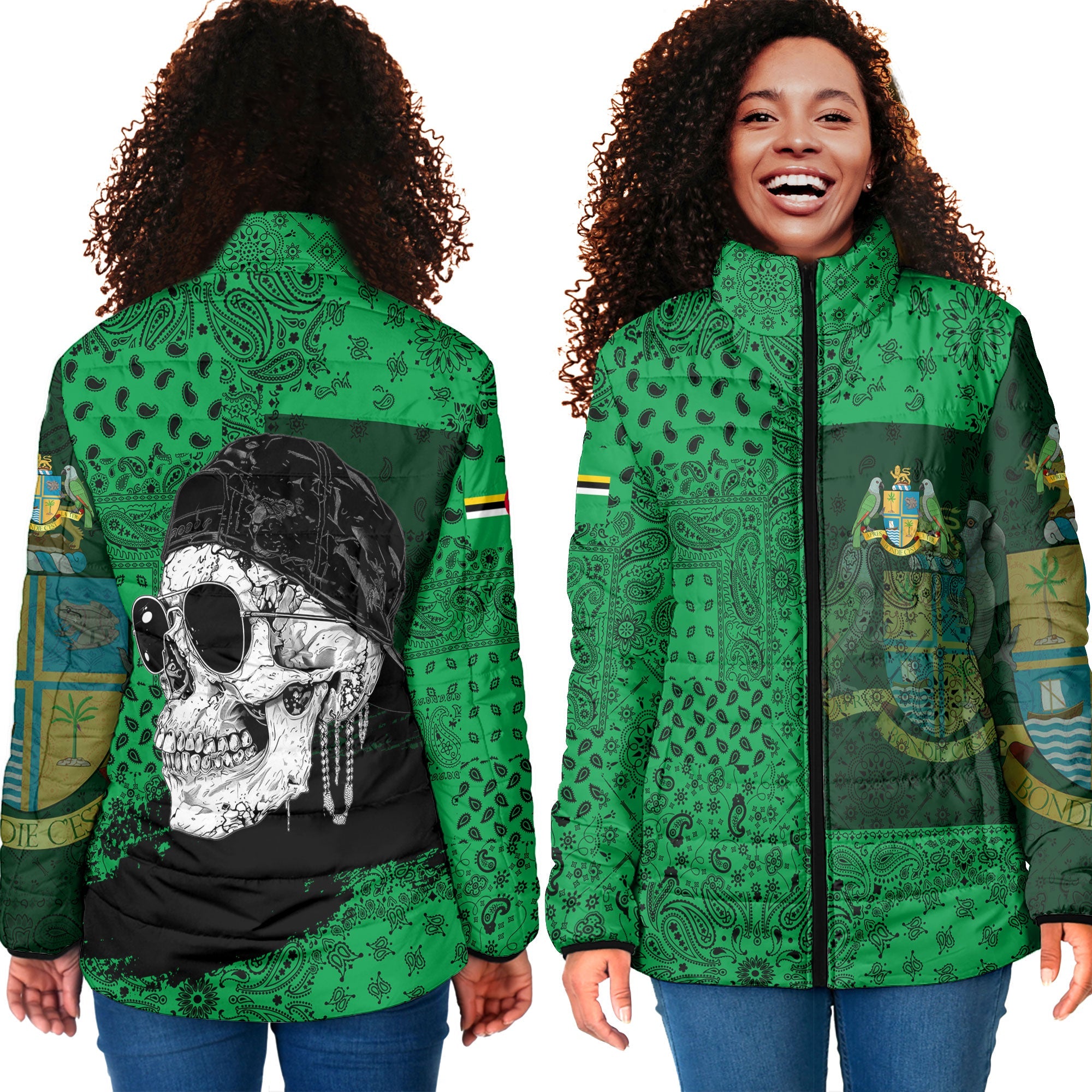 Dominica Women Padded Jacket Paisley Flag And Skull Style 4