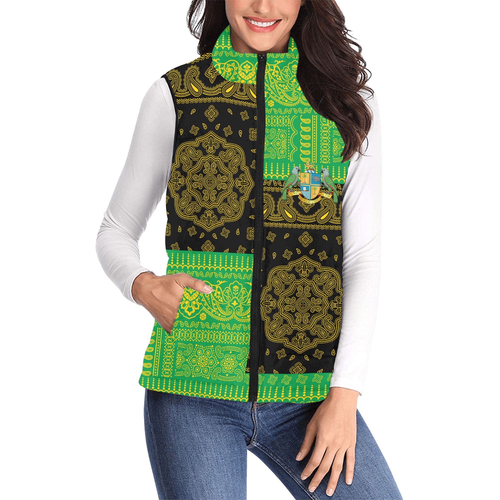 Dominica Women Padded Jacket Vest Flag And Paisley Basic Style 1