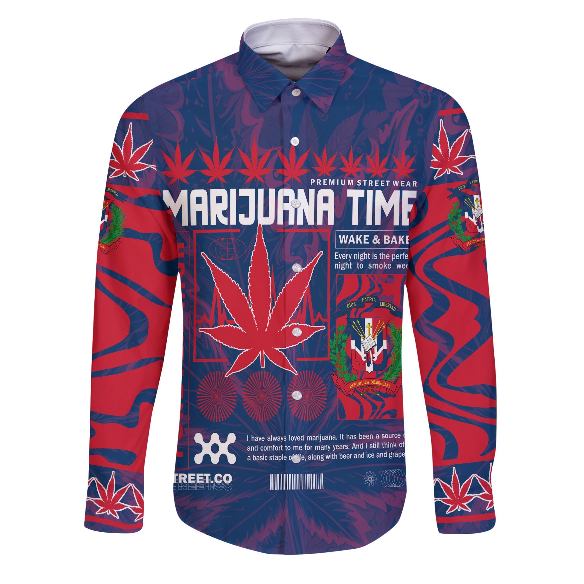 Dominican Republic Long Sleeve Button Shirt Flag & Coat Of Arms Marijuanas Style