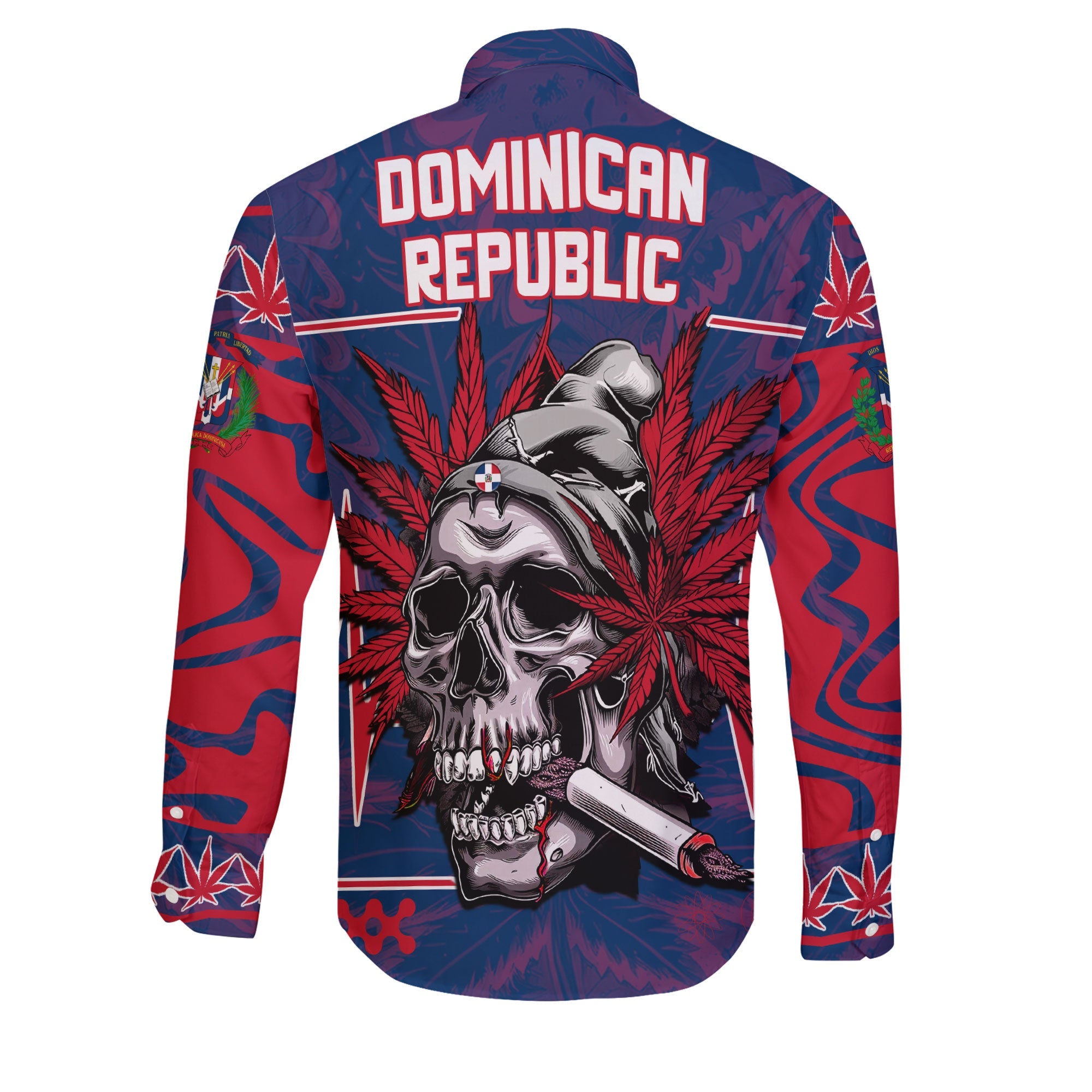 Dominican Republic Long Sleeve Button Shirt Flag & Coat Of Arms Marijuanas Style