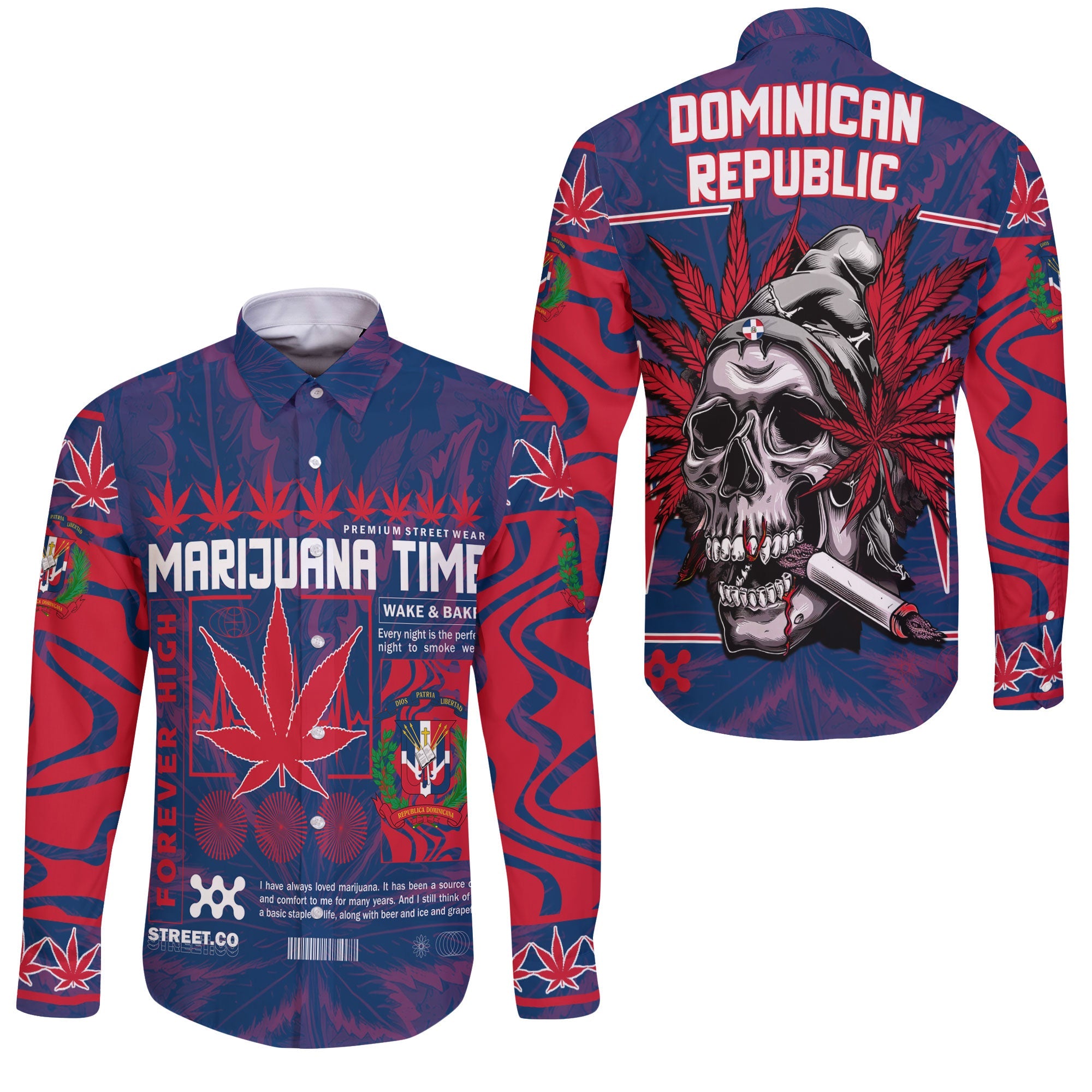 Dominican Republic Long Sleeve Button Shirt Flag & Coat Of Arms Marijuanas Style