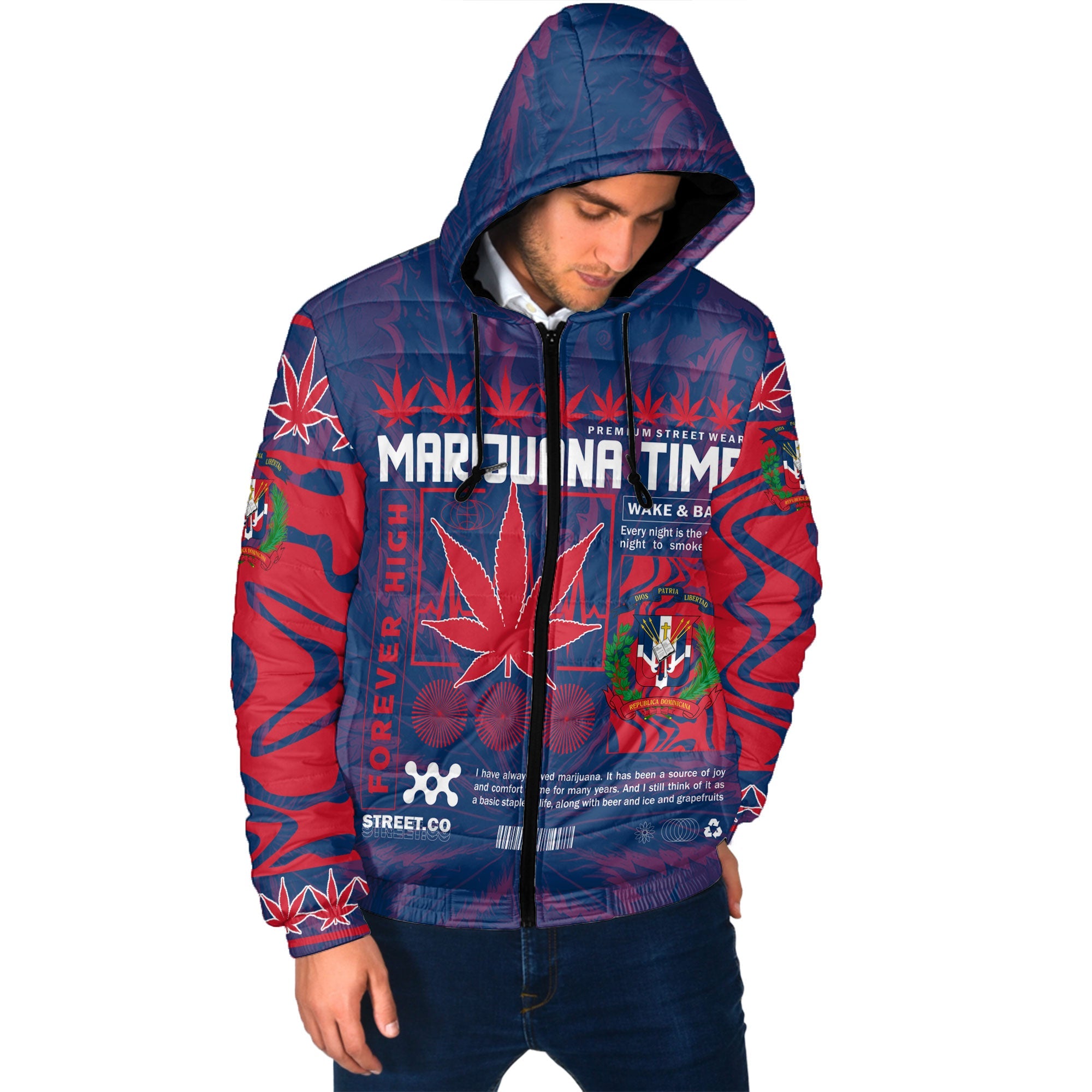 Dominican Republic Men Hooded Padded Jacket Flag & Coat Of Arms Marijuanas Style