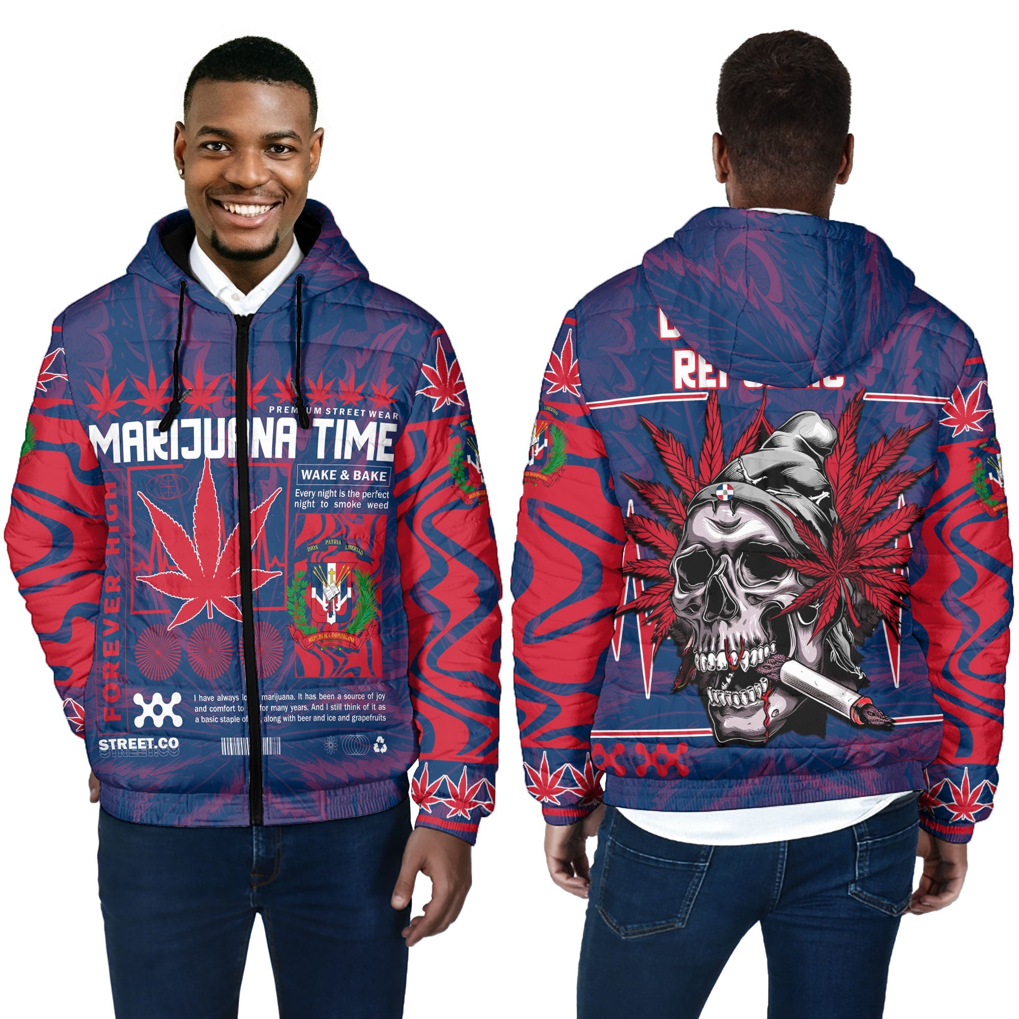 Dominican Republic Men Hooded Padded Jacket Flag & Coat Of Arms Marijuanas Style