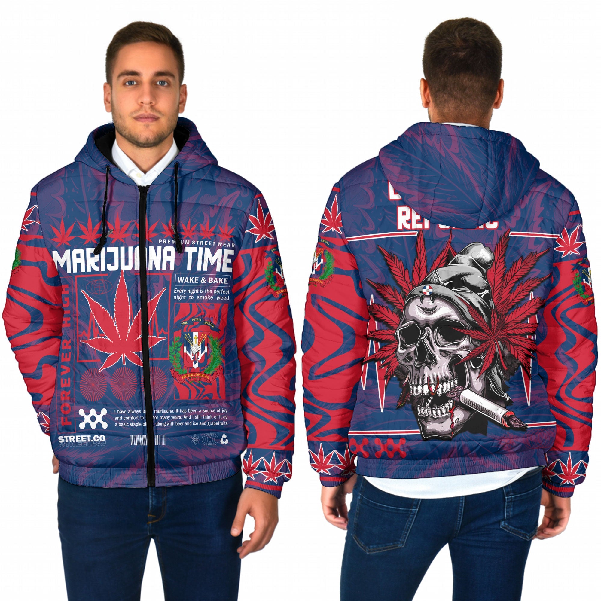 Dominican Republic Men Hooded Padded Jacket Flag & Coat Of Arms Marijuanas Style