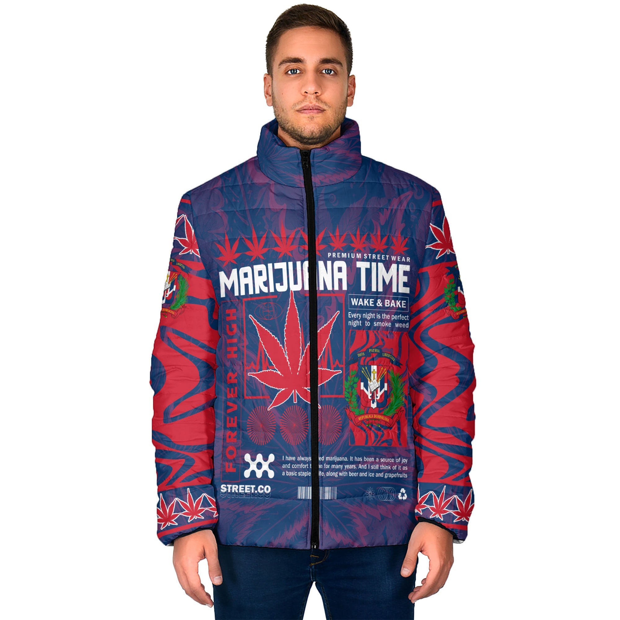 Dominican Republic Men Padded Jacket Flag & Coat Of Arms Marijuanas Style